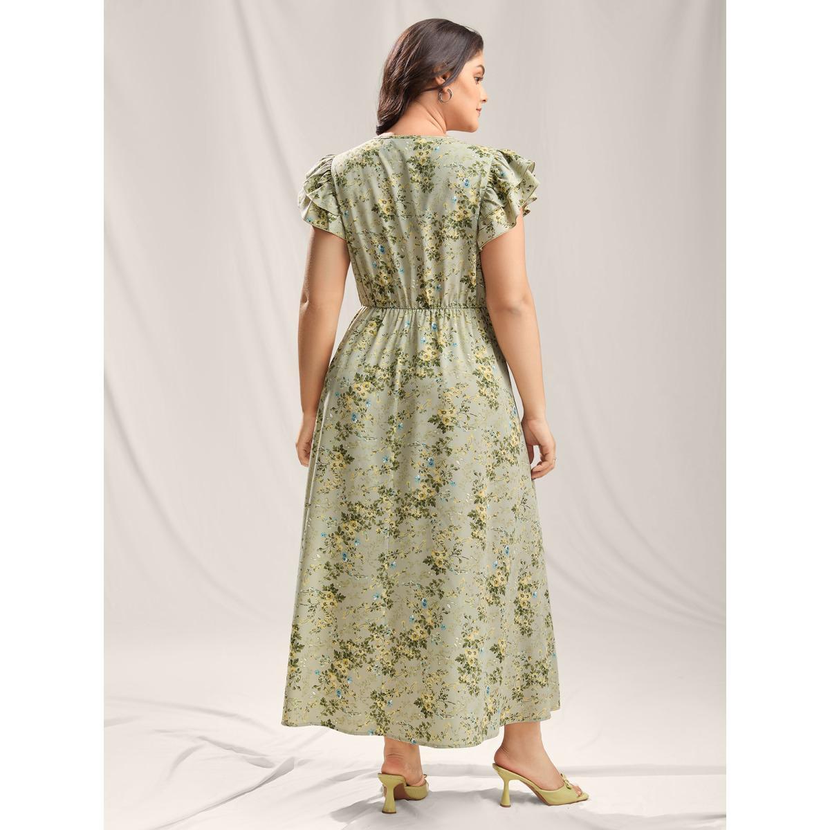 Plus Size Breezy Floral Print Flutter Sleeve Maxi Dress Sage Women V-neck Short sleeve Curvy BloomChic 14-16/1X Product Image