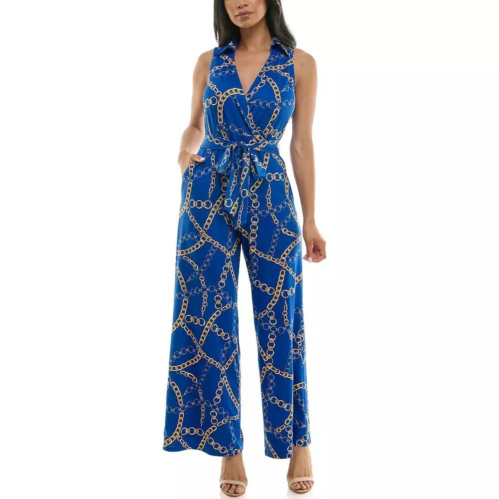 Womens Nina Leonard Print Collared Sleeveless Surplice Wide-Leg Jumpsuit Product Image