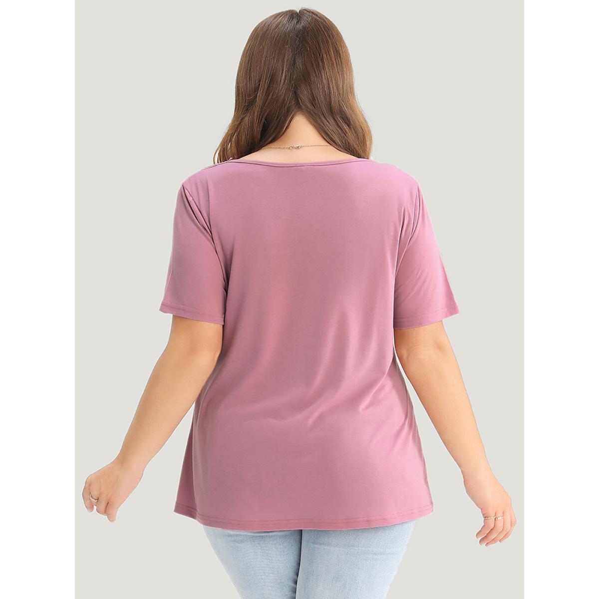 Plus Size Solid Floral Patchwork Pleated Front T-shirt Lilac Women Elegant Plain Round Neck Dailywear T-shirts BloomChic 14-16/1X Product Image