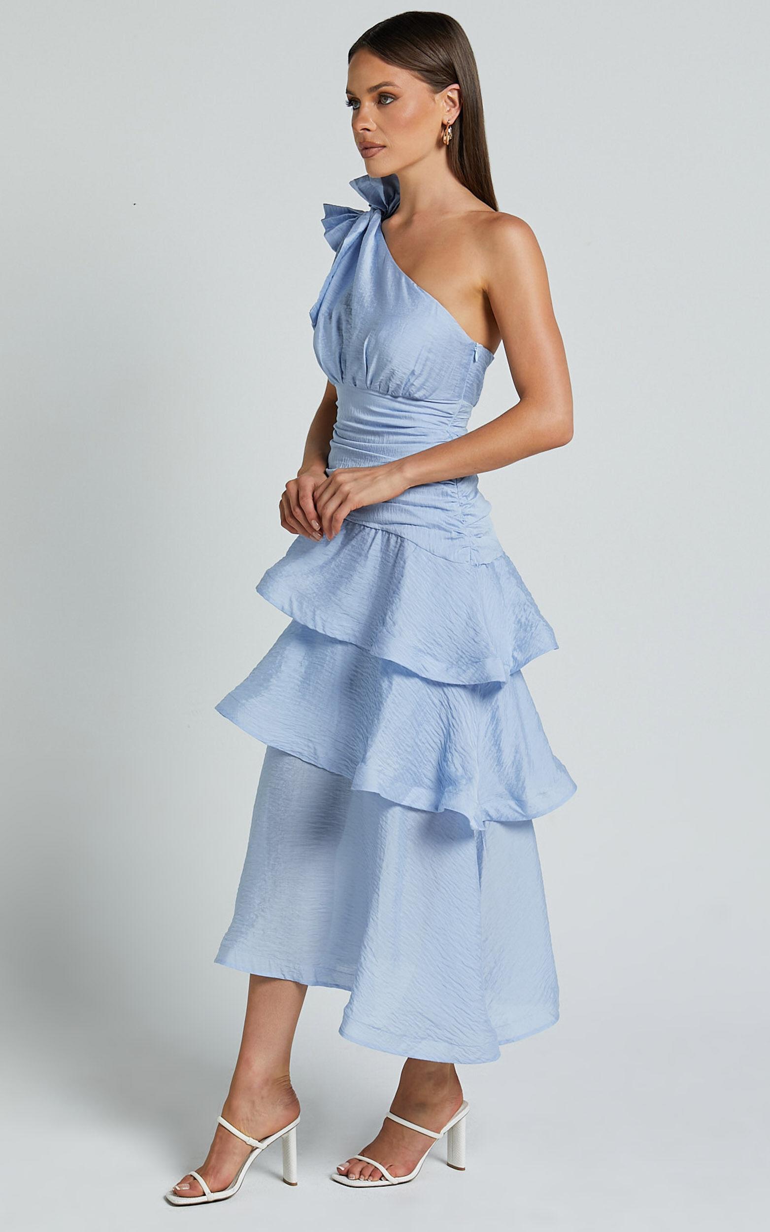 Eugenia Midi Dress - One Shoulder Fit and Flare Layered Dress in Pale Blue Product Image
