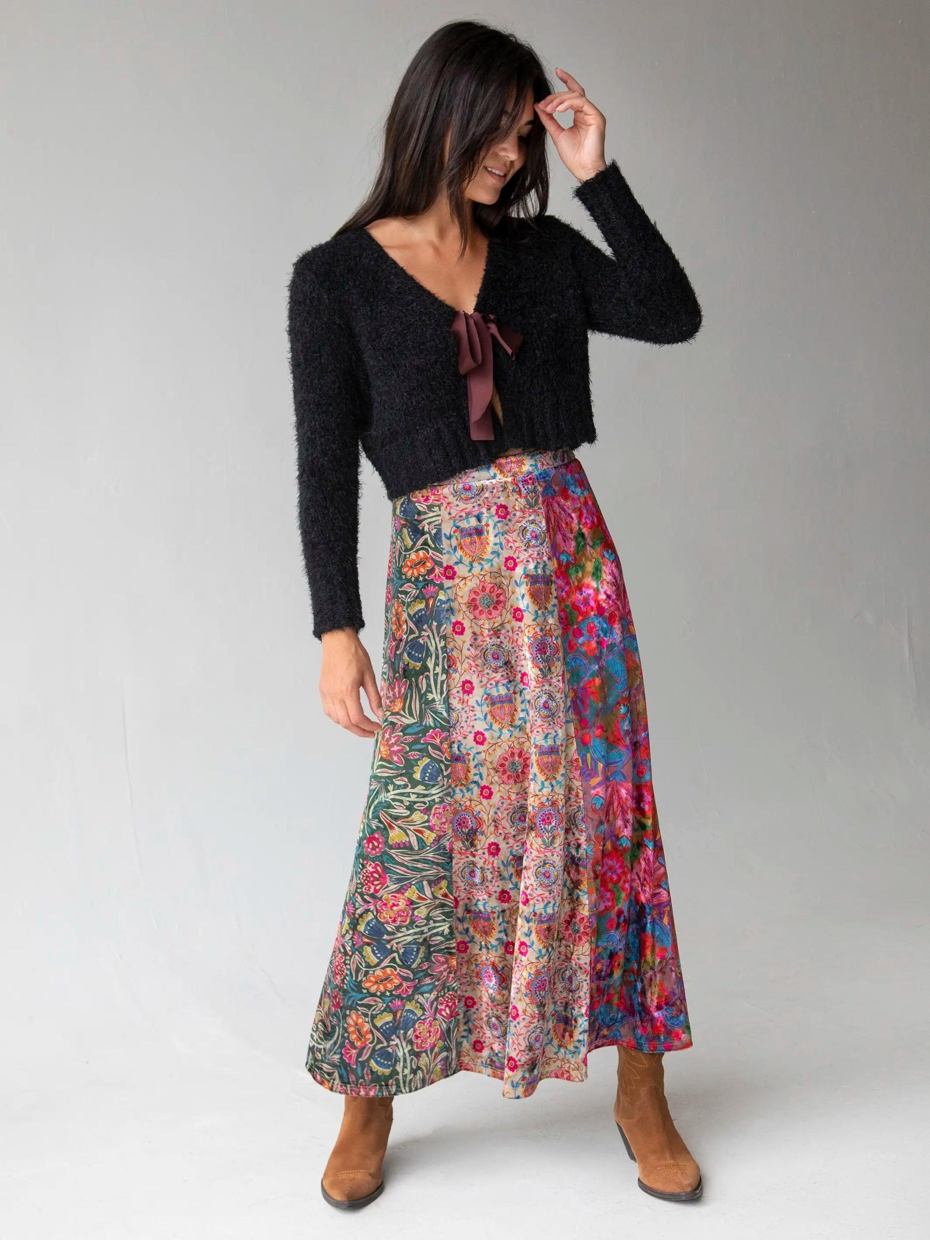 Valentina Velvet Maxi Skirt - Green Cream Red Mixed Floral Product Image