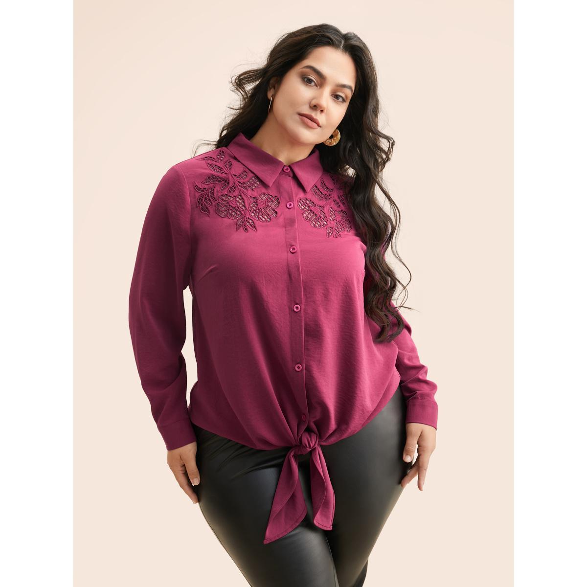 Plus Size RedViolet Shirt Collar Broderie Anglaise Tie Knot Blouse Women Elegant Long Sleeve Shirt collar Everyday Blouses BloomChic 12/L Product Image