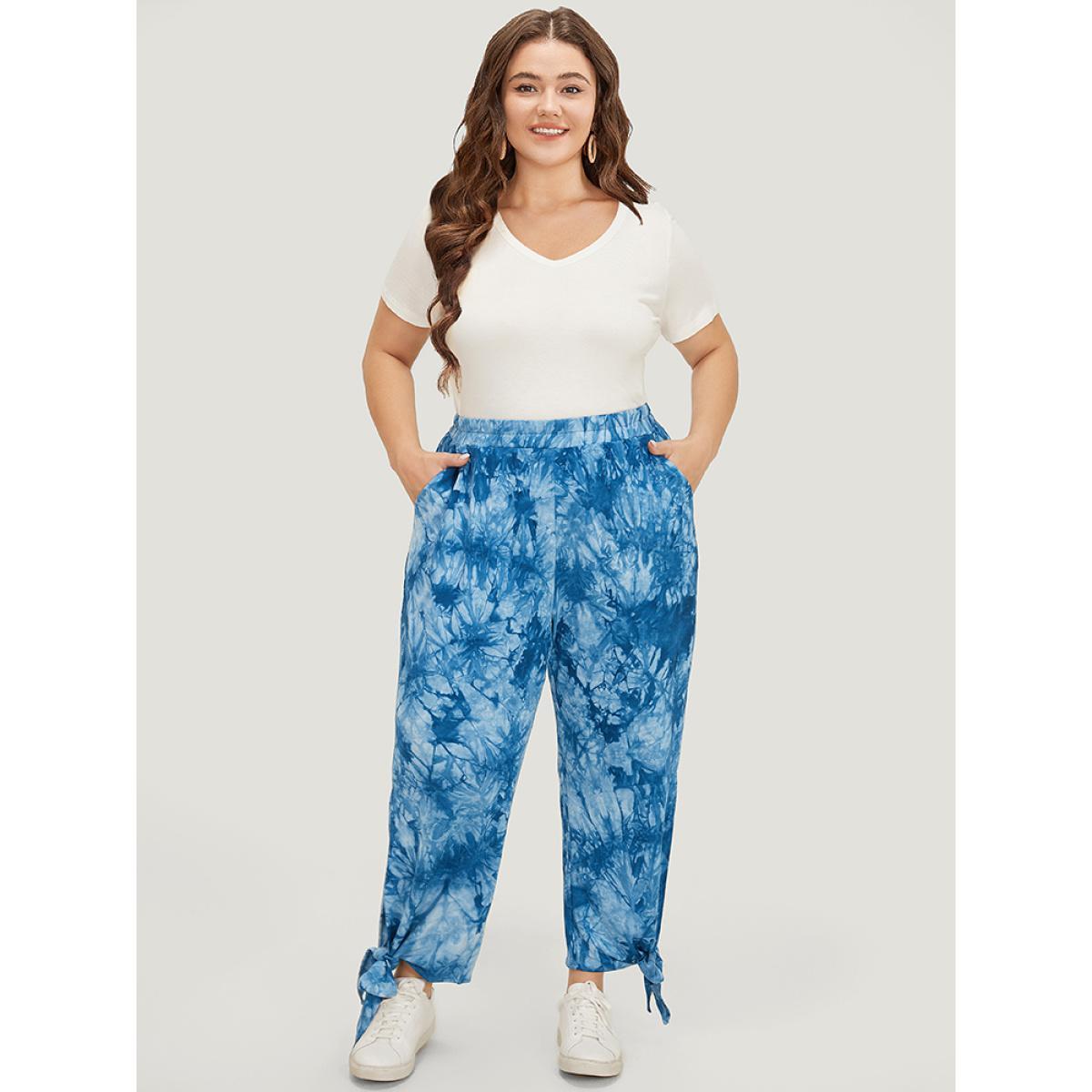 Plus Size Tie Dye Pocket Cut Out Knotted Hem Pants Women Blue Casual Mid Rise Dailywear Pants BloomChic 22-24/3X Product Image