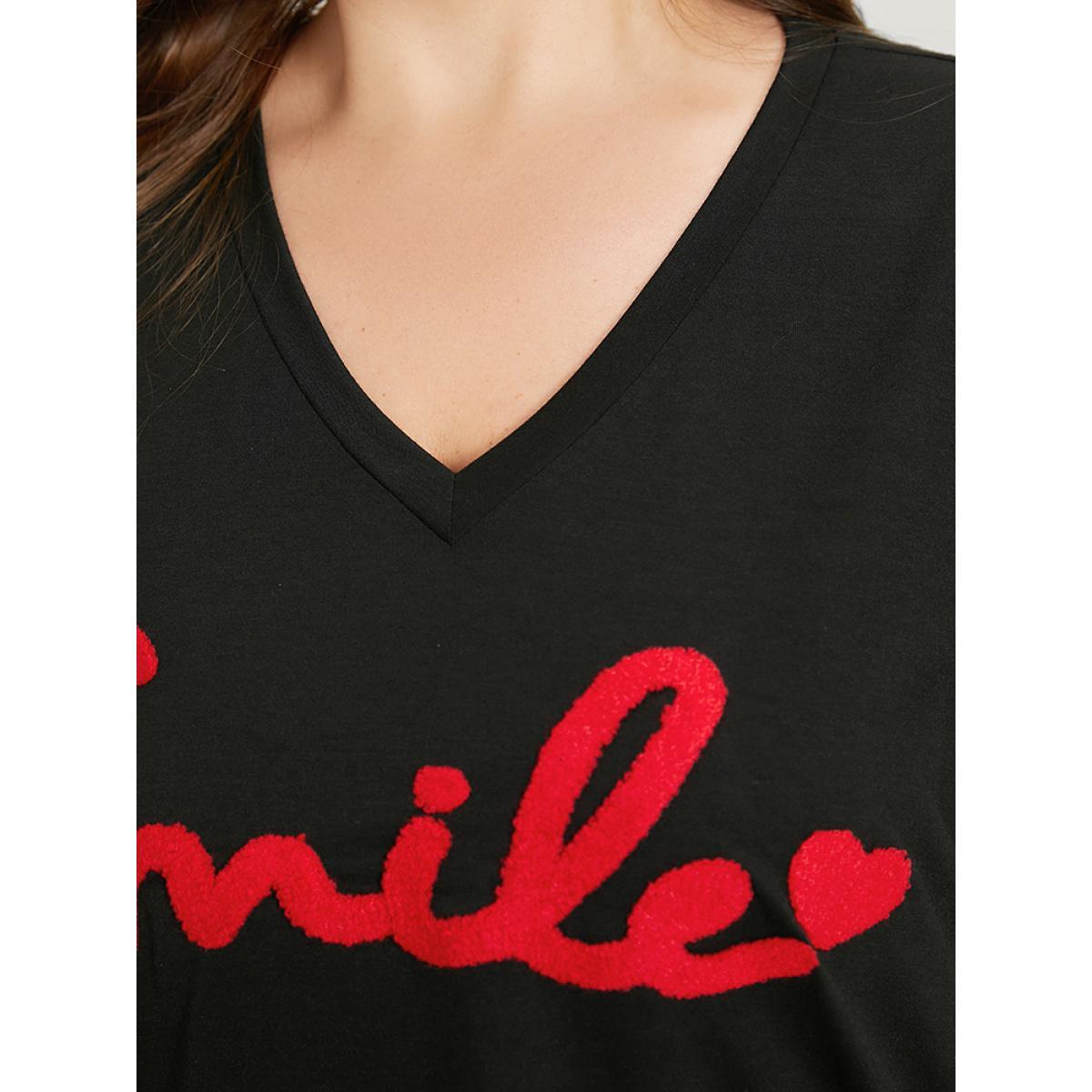 Plus Size Letter Embroidered V Neck T-shirt Black Women Casual Embroidered Letter Dailywear T-shirts BloomChic 30/6X Product Image
