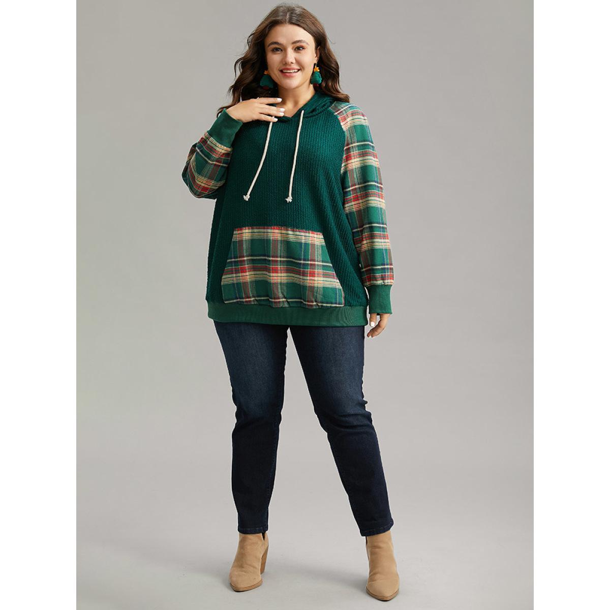 Plus Size Plaid Contrast Pocket Rib Knit Hooded Sweatshirt Women Green Casual Rib Knit Hooded Festival-Christmas Sweatshirts BloomChic 28/5X Product Image