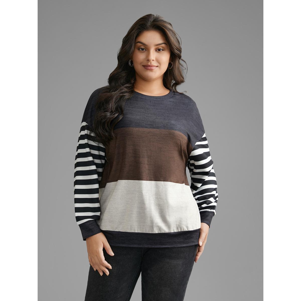 Plus Size Round Neck Striped Patchwork Contrast Sweatshirt Women Multicolor Casual Contrast Loose Round Neck Everyday Sweatshirts BloomChic 10/M Product Image