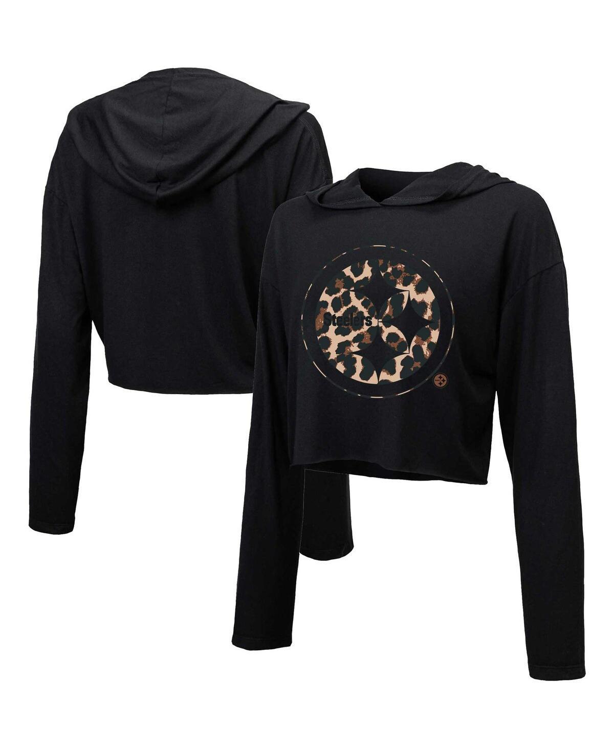 Women's Majestic Threads Black Miami Dolphins Leopard Cropped Pullover Hoodie, Size: Large Product Image