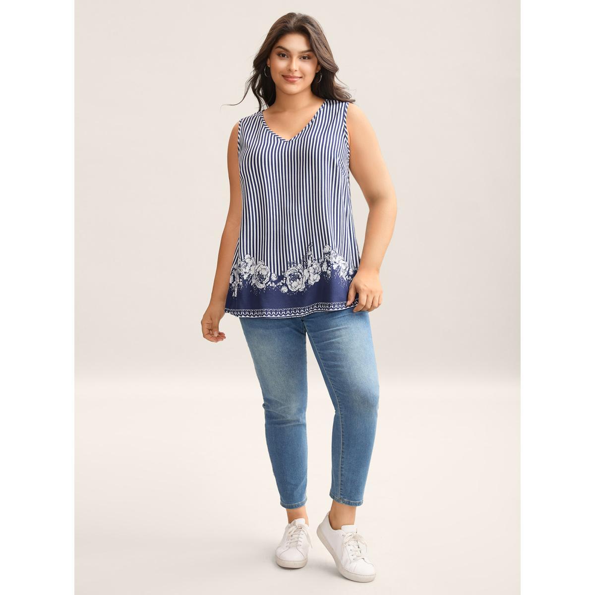 Plus Size Rayon Floral Hem Tank Top Women DarkBlue Contrast V-neck Vacation Tank Tops Camis BloomChic 10/M Product Image