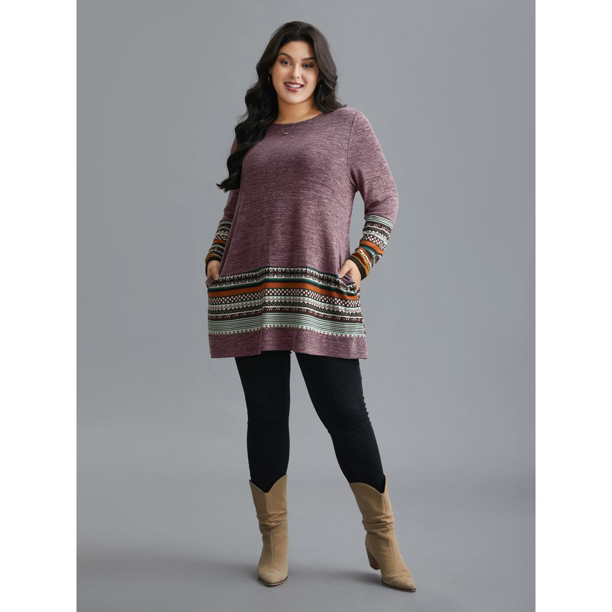 Plus Size Tunic Boho Print Pocket T-shirt Deeppurplered Women Casual Contrast Round Neck Loose Everyday T-shirts BloomChic 28/5X Product Image