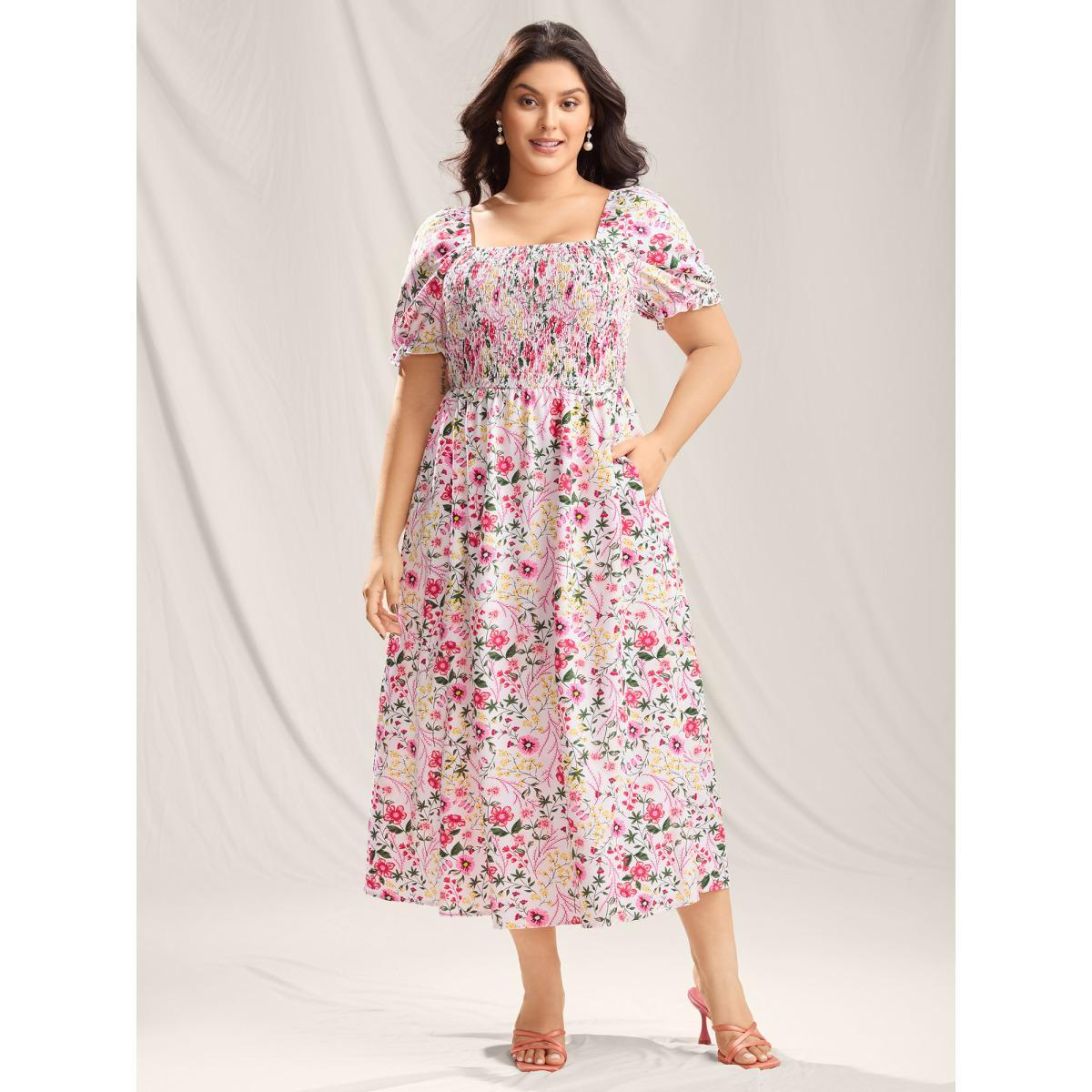 Plus Size Shirred Floral Print Pockets Maxi Dress WhiteSmoke Women Square Neck Short sleeve Curvy BloomChic 12/L Product Image