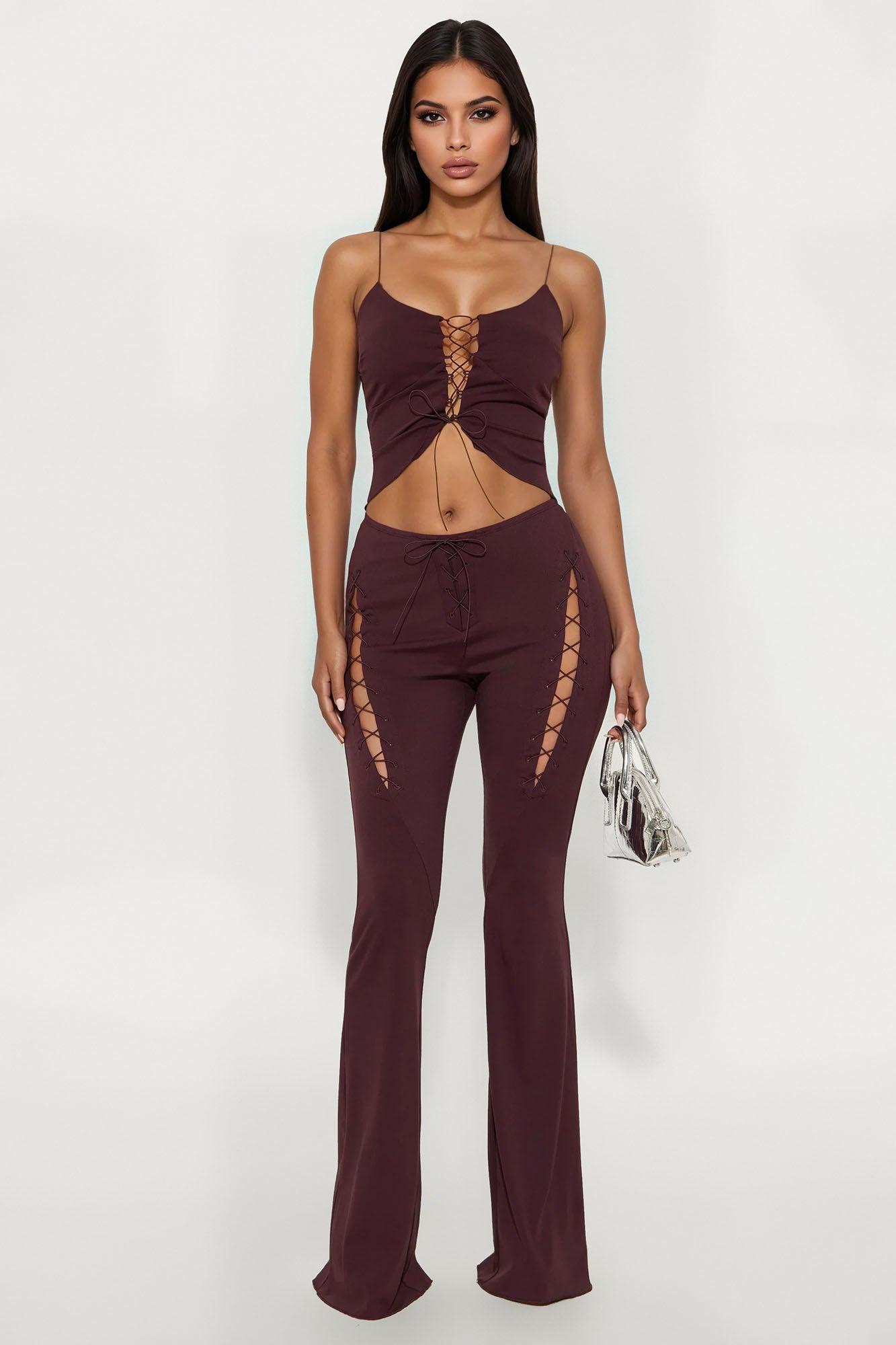 Lillian Lace Up Flare Pant Set - Brown Product Image