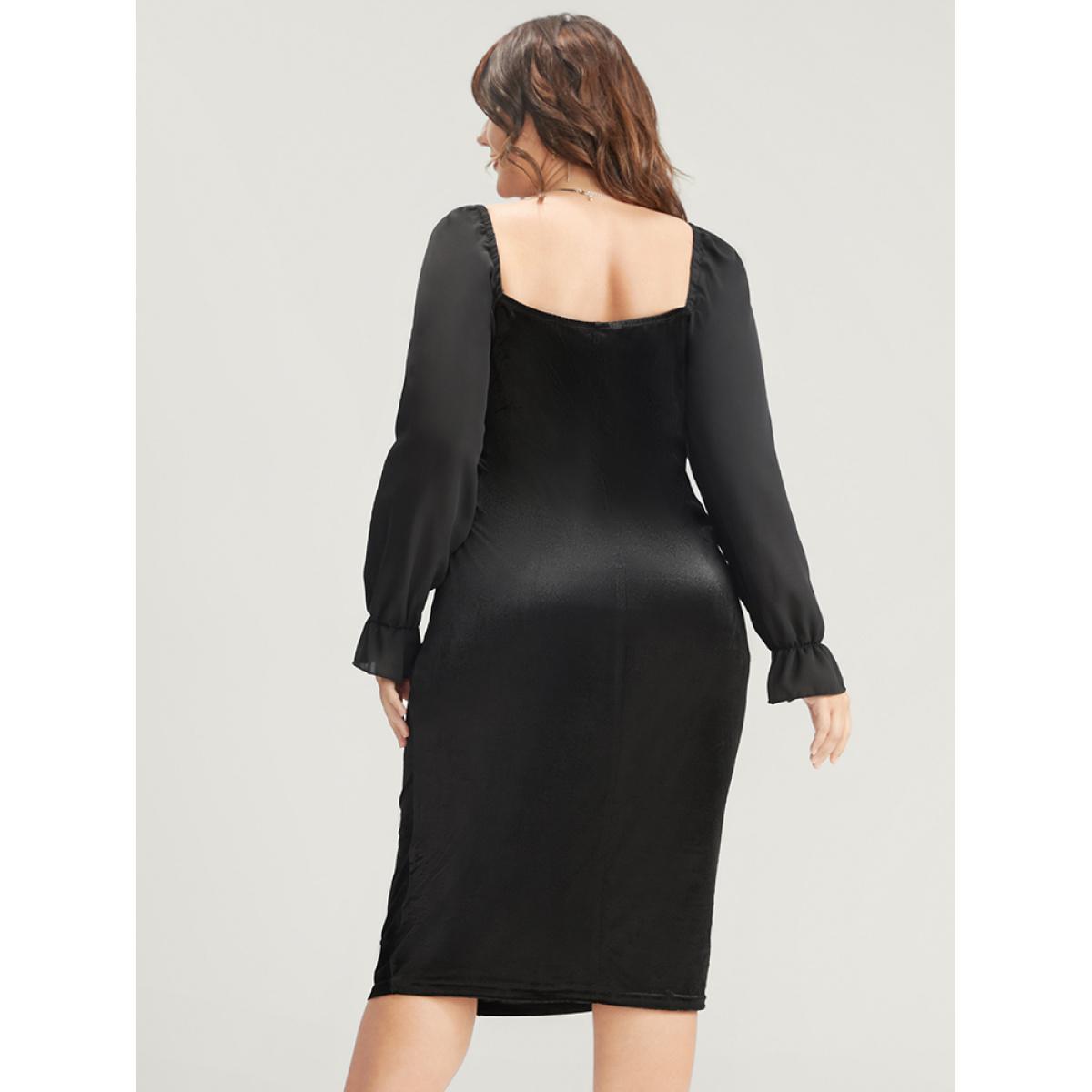 Plus Size Solid Lantern Sleeve Ruched Velvet Knee Dress Black Women Party Gathered V-neck Long Sleeve Curvy Knee Dress BloomChic 30/6X Product Image