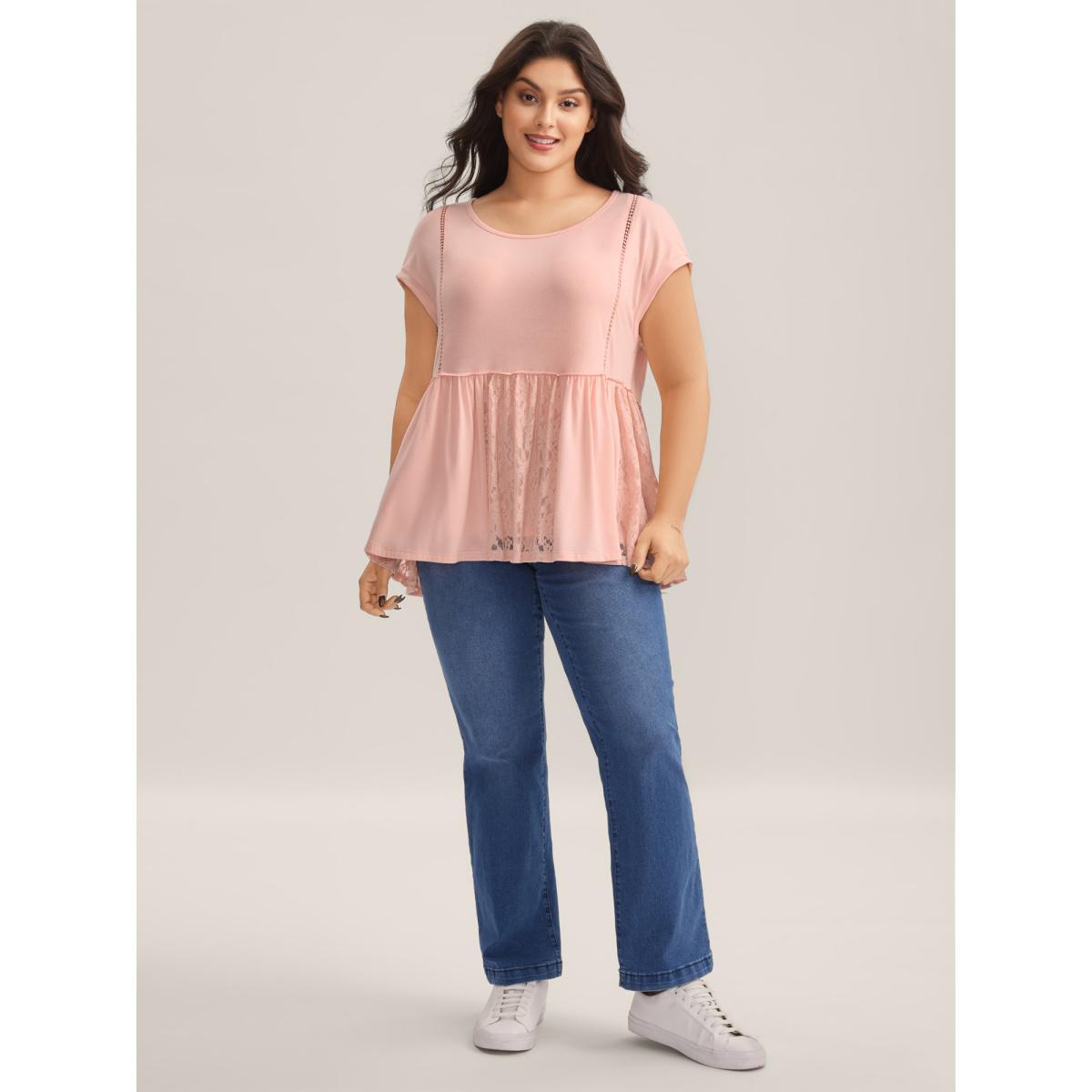 Plus Size Lace Trim Spliced Solid T-Shirt Nudepink Women Woven ribbon&lace trim Round Neck Everyday-Casual T-shirts BloomChic 30/6X Product Image