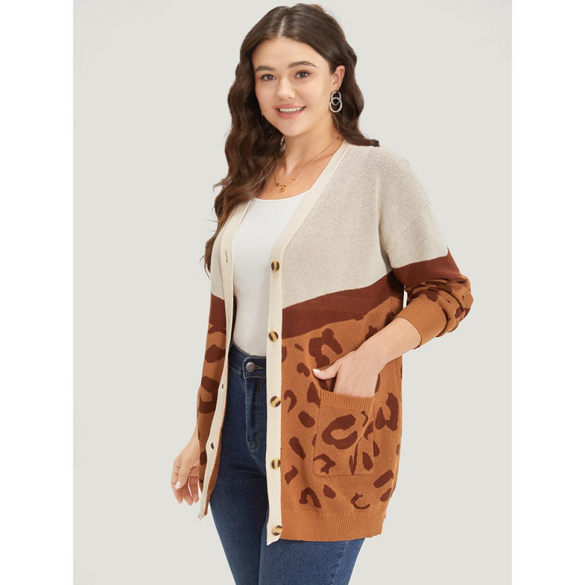 Plus Size Leopard Print Contrast Button Down Patched Pocket Cardigan Chocolate Women Casual Loose Long Sleeve Dailywear Cardigans BloomChic 18-20/2X Product Image