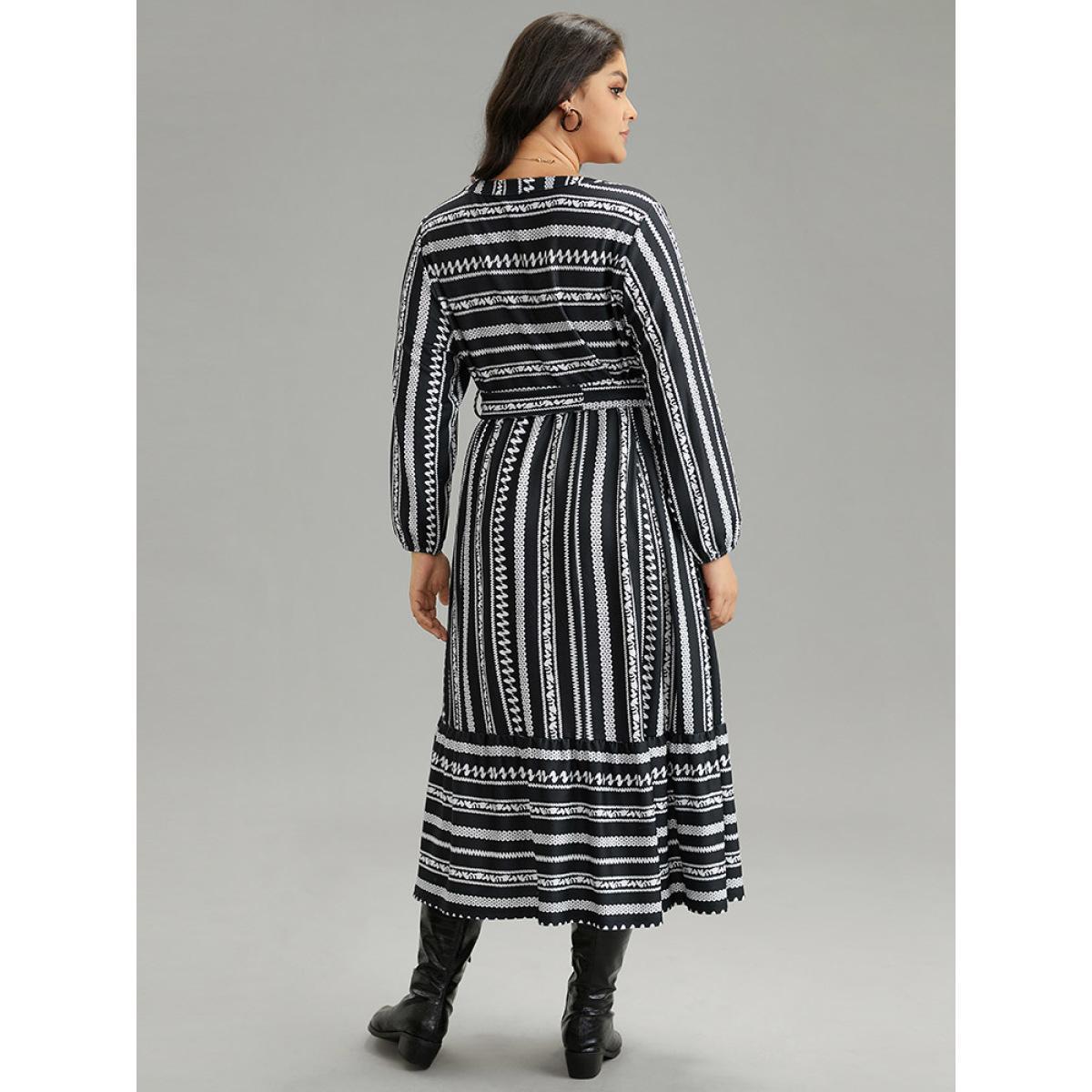 Plus Size Striped Notched Belted Lantern Sleeve Dress Black Women Casual Elastic cuffs Notched collar Long Sleeve Curvy Midi Dress BloomChic 14-16/1X Product Image