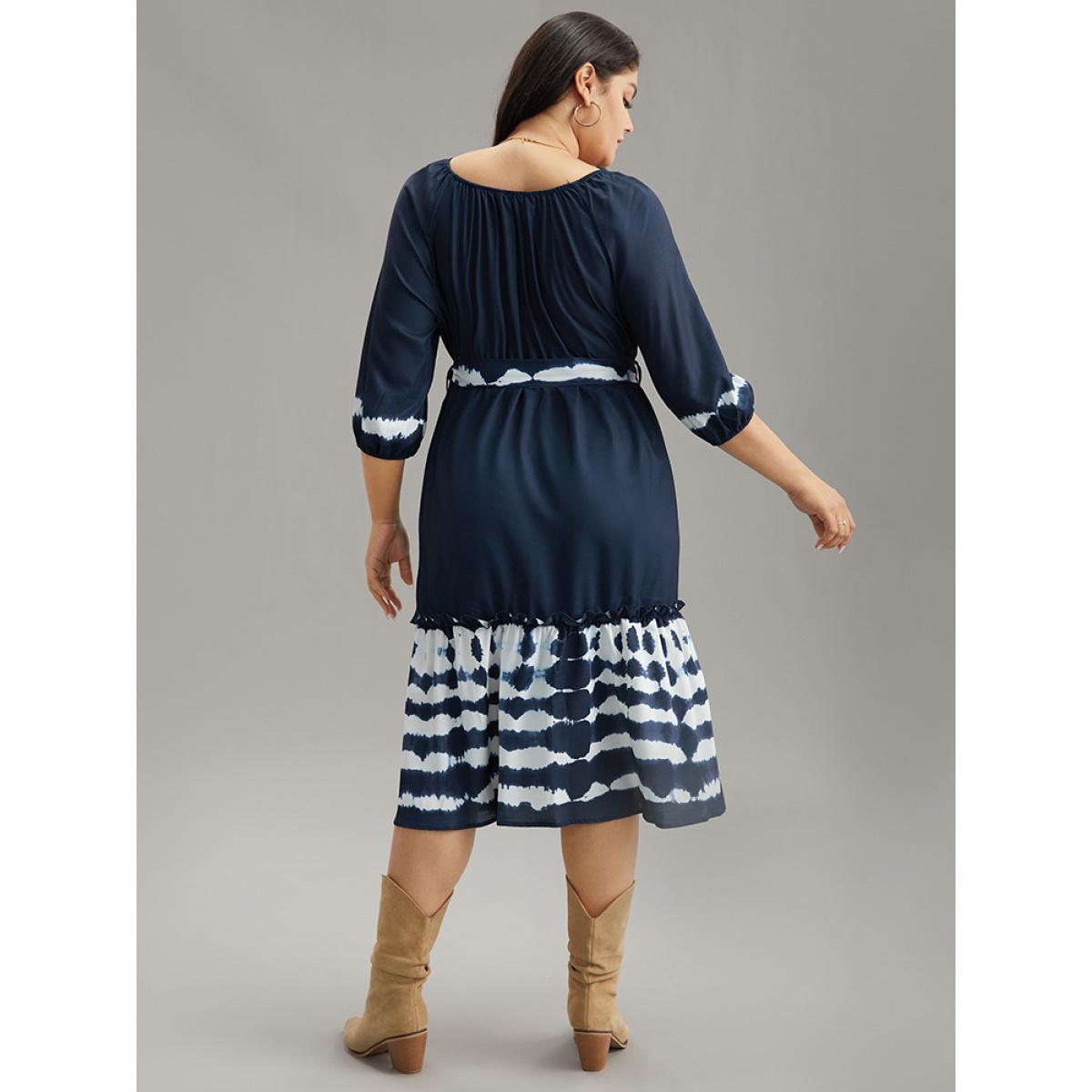 Plus Size Tie Dye Gathered Belted Lantern Sleeve Dress DarkBlue Women Vacation Elastic cuffs Round Neck Elbow-length sleeve Curvy Midi Dress BloomChic 14-16/1X Product Image