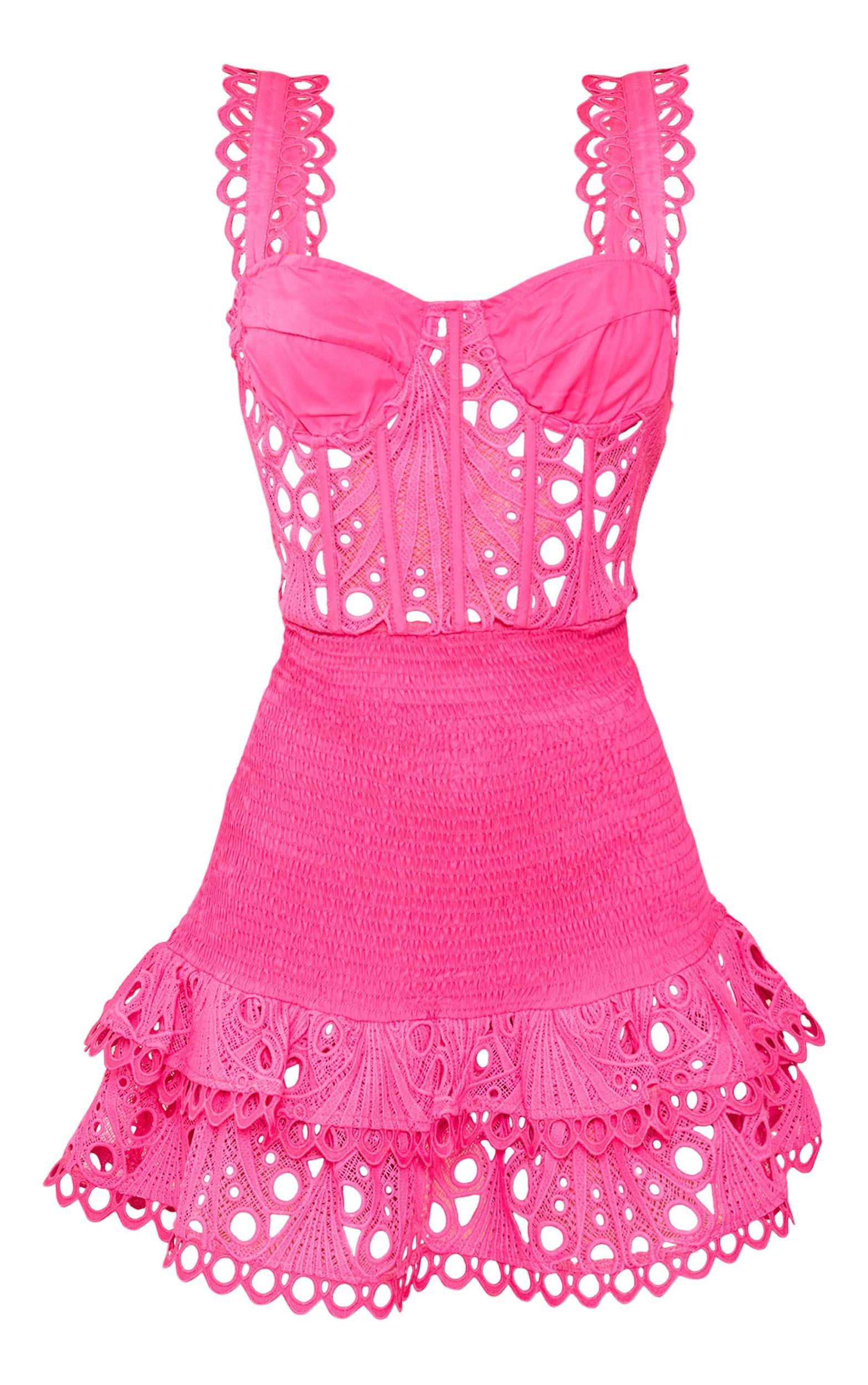 Bright Pink Crochet Tiered Shift Mini Dress Product Image