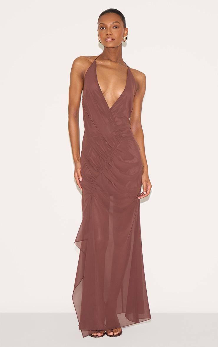 Chocolate Chiffon Asymmetric Ruched Maxi Dress Product Image