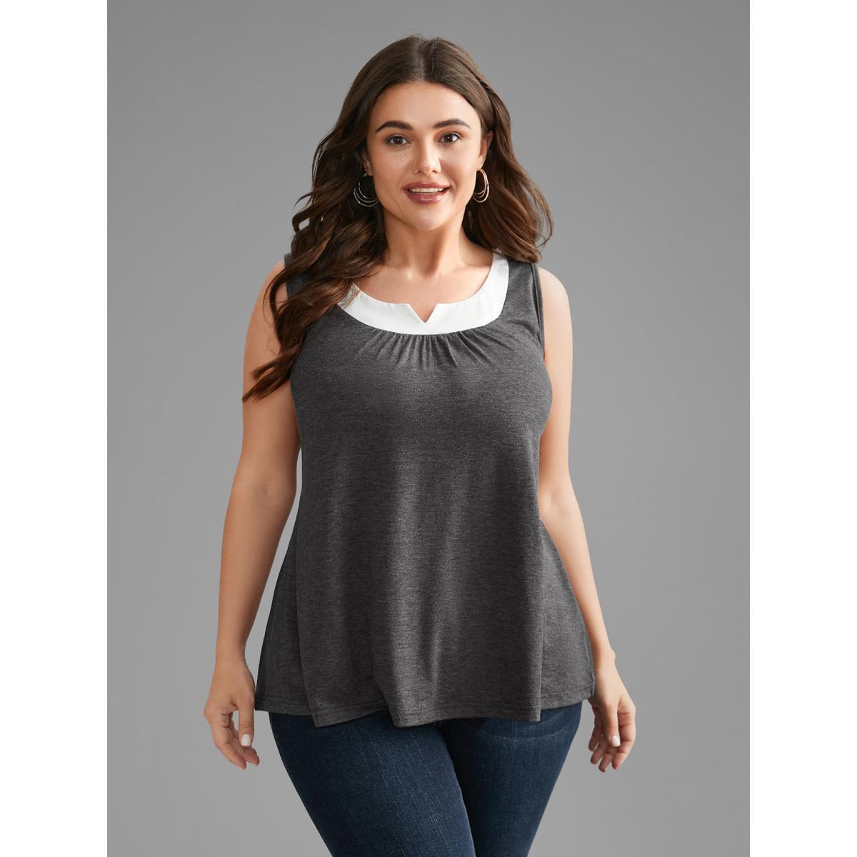 Plus Size Notched Collar Contrast Patchwork Gathered Tank Top Women DimGray Casual Gathered Notched collar Everyday Tank Tops Camis BloomChic 12/L Product Image