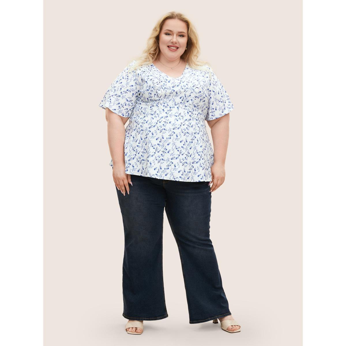 Plus Size Ivory Floral Pleated Elastic Waist Ruffle Sleeve Blouse Women Elegant Half Sleeve V-neck Everyday Blouses BloomChic 28/5X Product Image