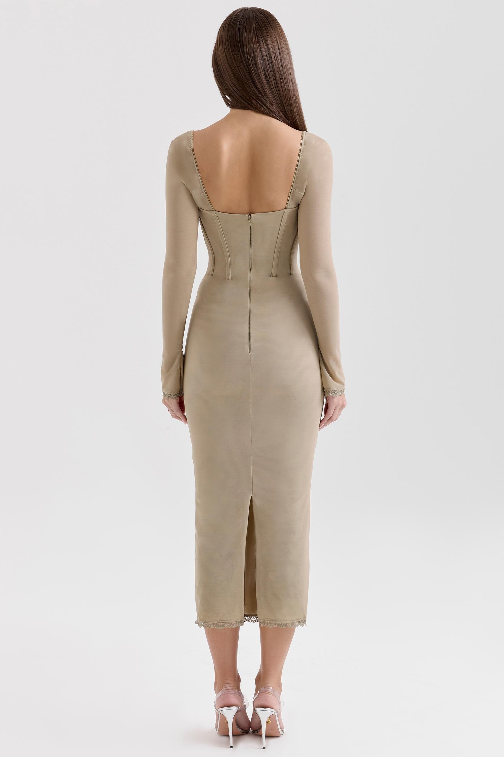 Saisha  beige mesh long sleeve bodycon midi dress Product Image