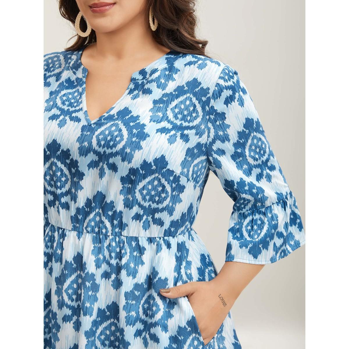 Plus Size Damask Pattern Ruffle Sleeve Midi Dress Mediumblue Women Flat collar with V-notch Elbow-length sleeve Curvy BloomChic 28/5X Product Image