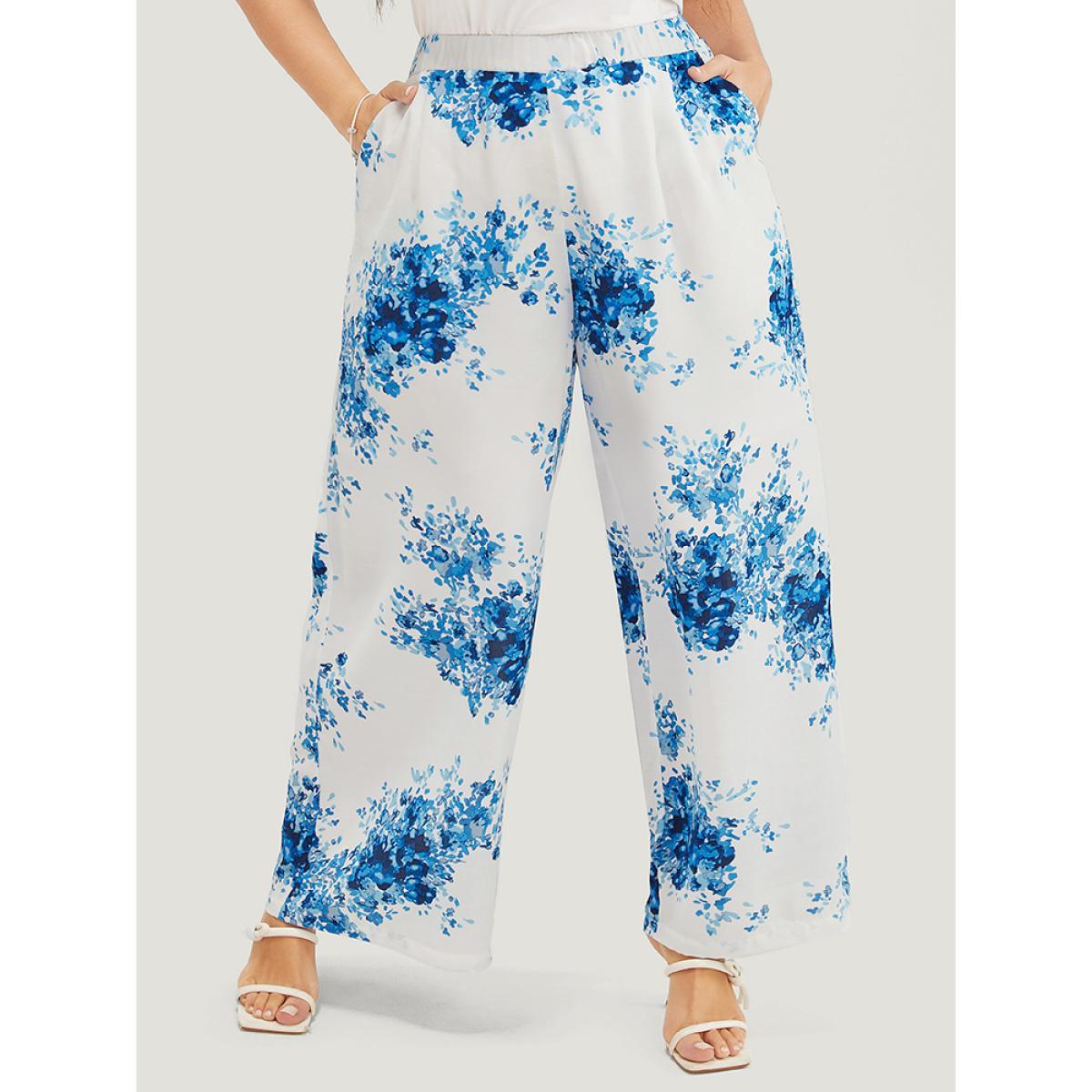 Plus Size Graphic Print Wide Leg Mid Rise Pocket Pants Women Cerulean Elegant Mid Rise Dailywear Pants BloomChic 22-24/3X Product Image
