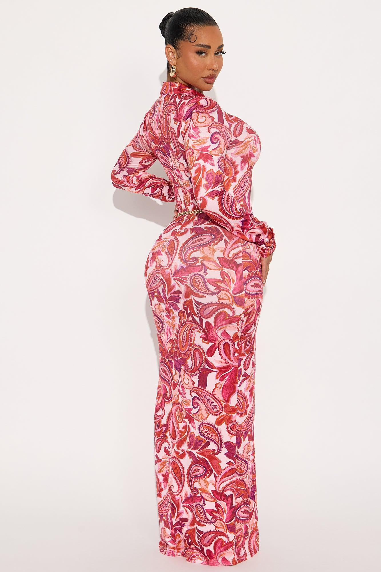 Alexius Chain Belted Maxi Shirt Dress - Pink/combo Product Image