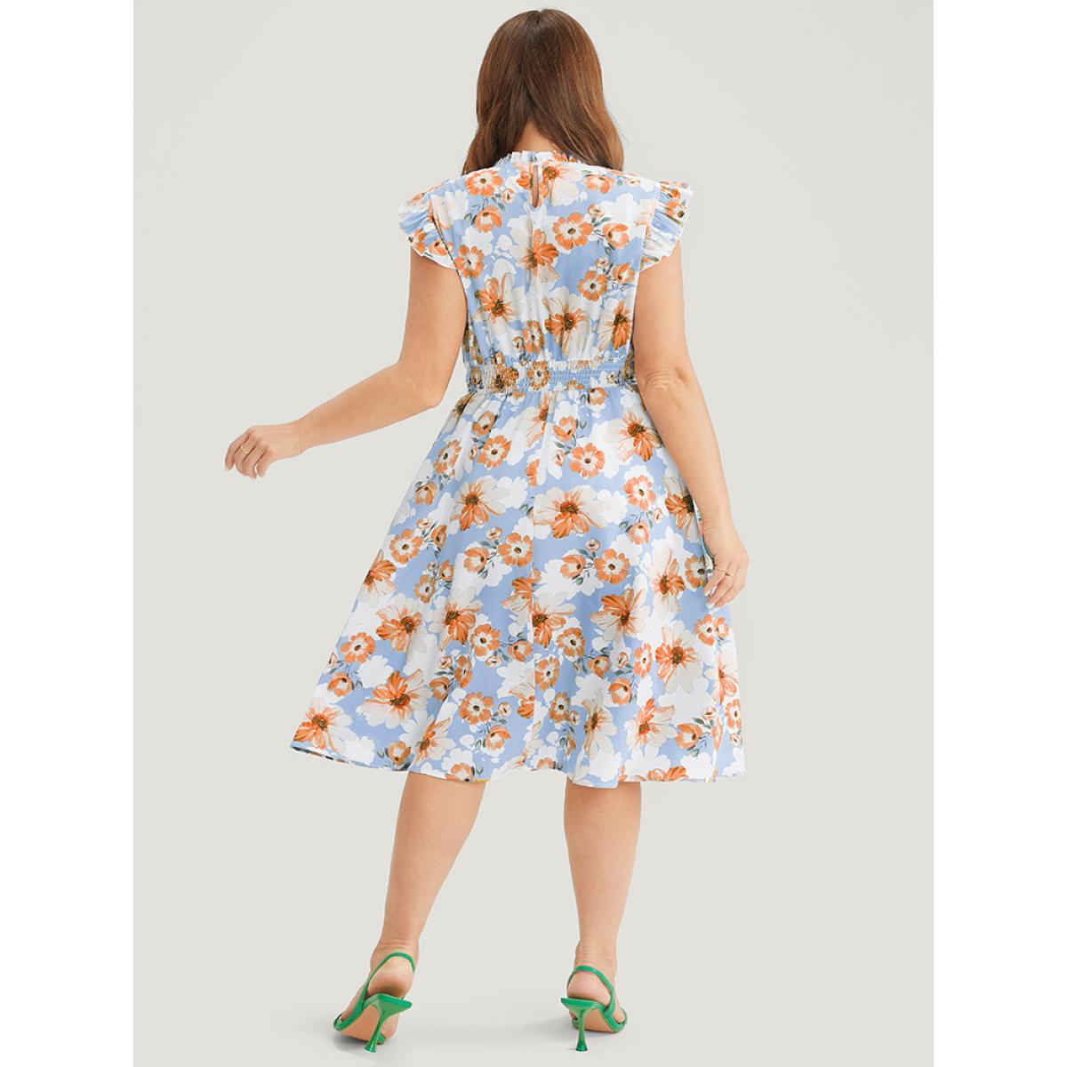 Plus Size Floral Shirred Mock Neck Ruffle Trim Pocket Flutter Dress LightBlue Women Elegant Pocket Mock Neck Sleeveless Curvy Midi Dress BloomChic 26/4X Product Image