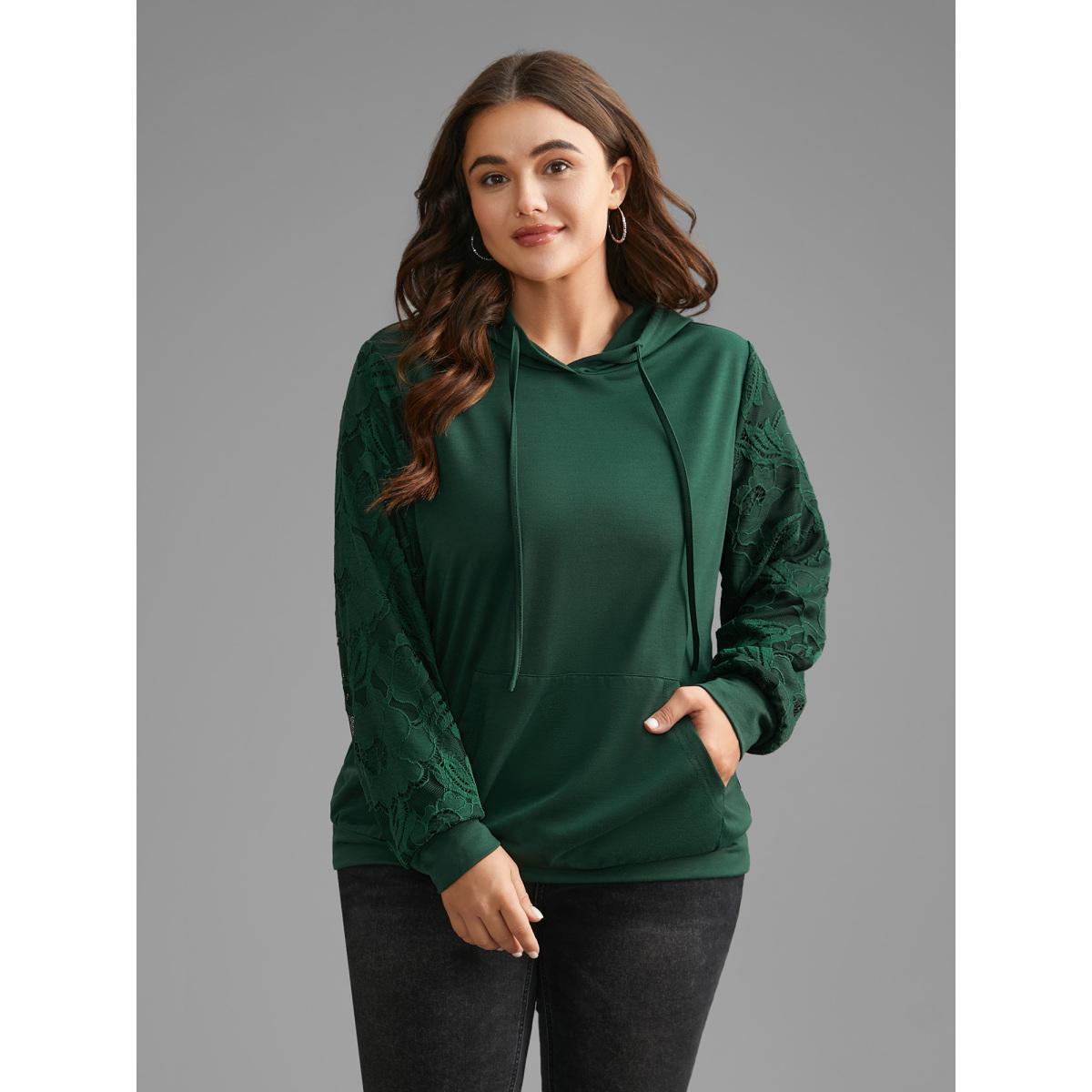 Plus Size Lace Patchwork Pocket Hooded Drawstring Sweatshirt Women DarkGreen Casual Patchwork Hooded Everyday Sweatshirts BloomChic 22-24/3X Product Image
