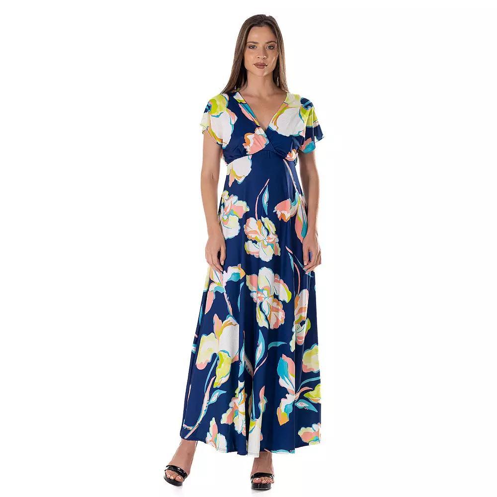 Women's 24Seven Comfort Apparel V Neck Empire Waist Kimono Cap Sleeve Maxi Dress, Size: Medium, Blue Team Product Image