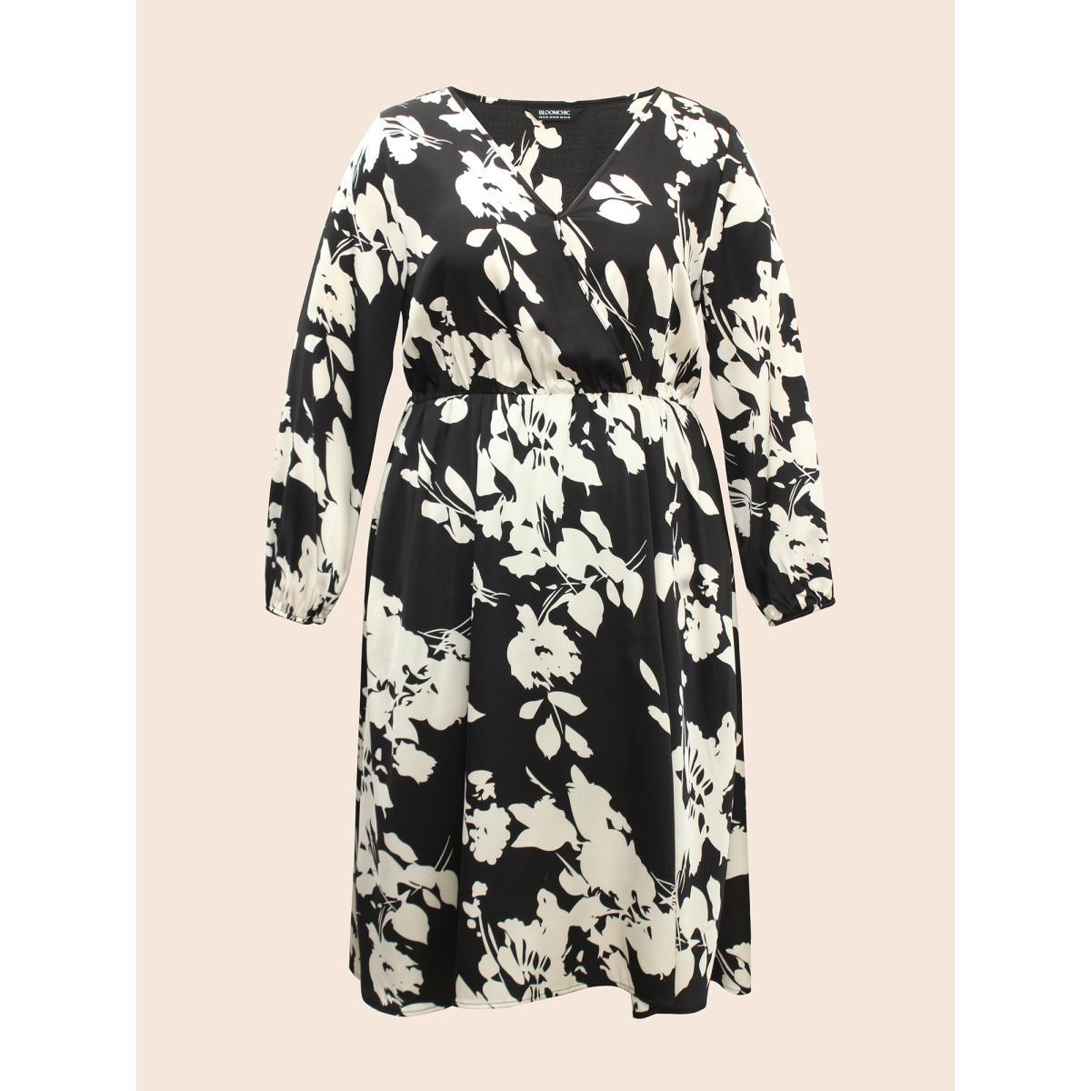 Plus Size Overlap Collar Silhouette Floral Print Gathered Dress Black Women Elegant Slit Overlap Collar Long Sleeve Curvy BloomChic 14-16/1X Product Image