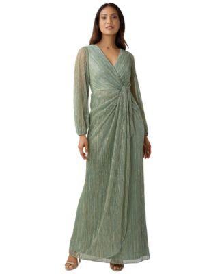 Adrianna Papell Metallic Long Sleeve Surplice V-Neck Ruched Detailed Draped Gown Product Image