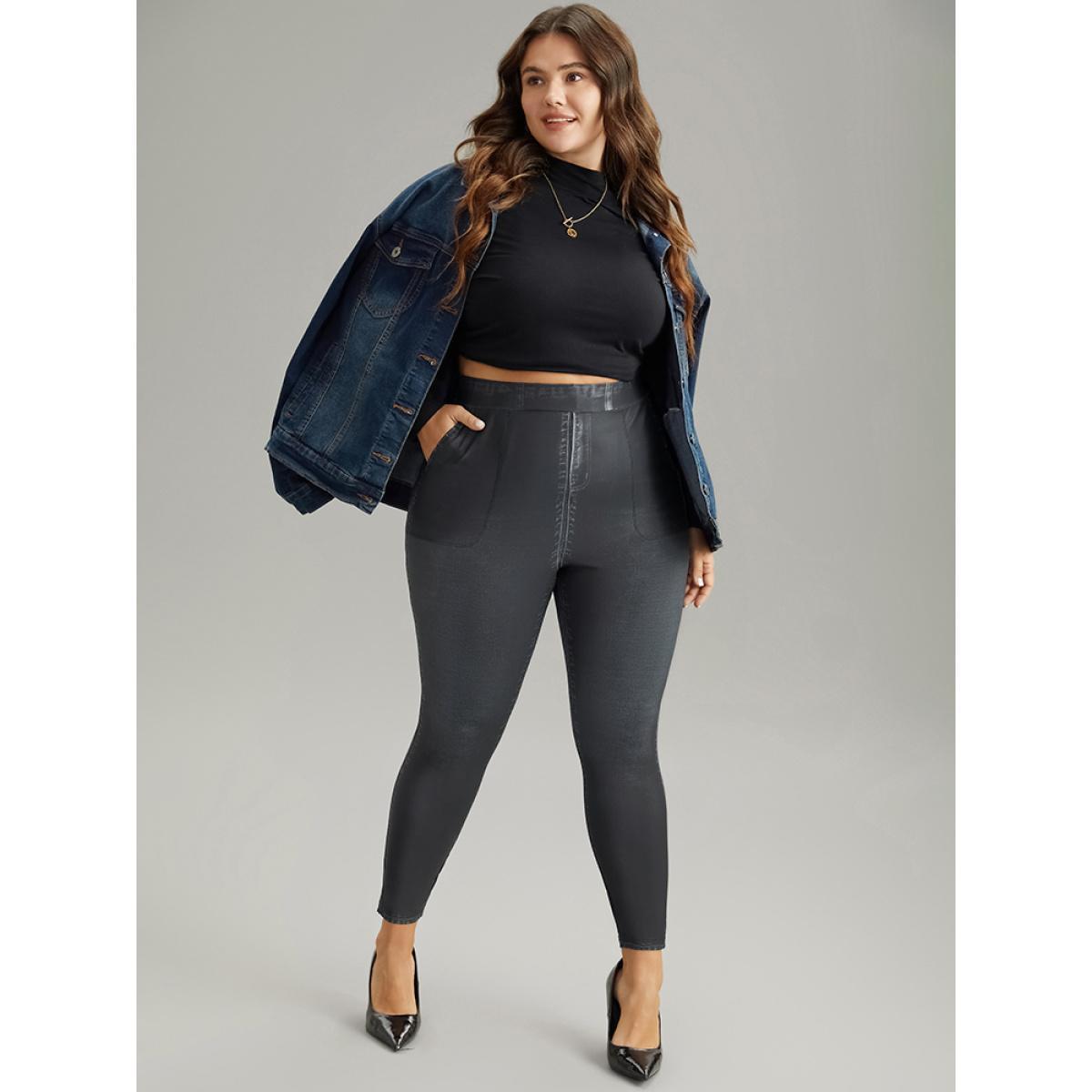 Plus Size Denim Effect Print Pocket Leggings Women Black Casual High stretch Skinny High Rise Dailywear Leggings BloomChic 26/4X Product Image