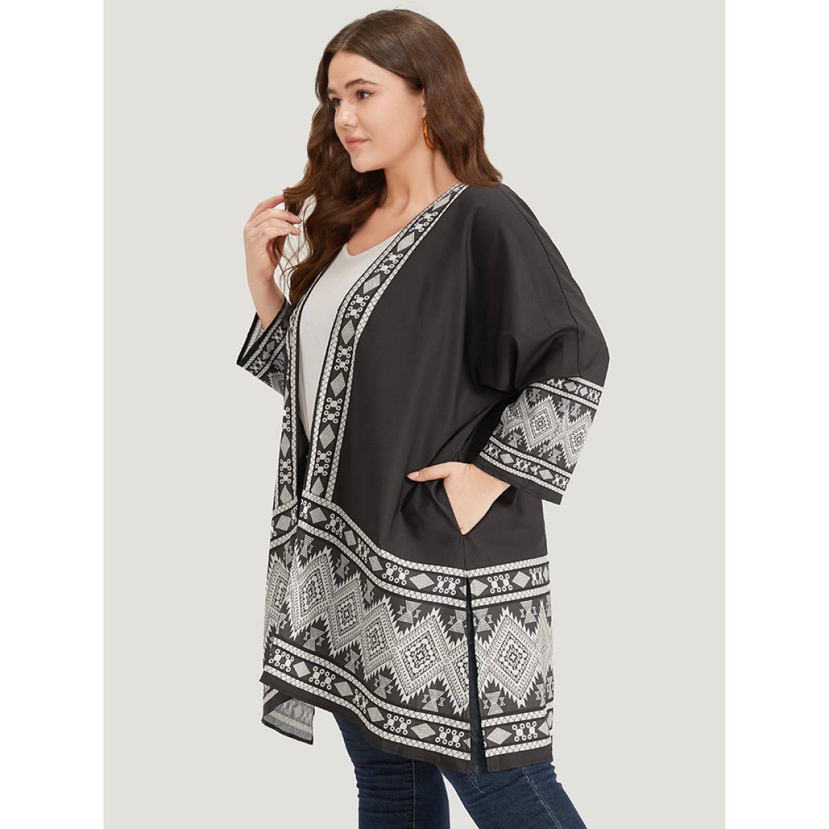 Plus Size Boho Print Open Front Pocket Split Hem Kimono Women Black Casual Printed Loose Pocket Dailywear Kimonos BloomChic 18-20/2X Product Image