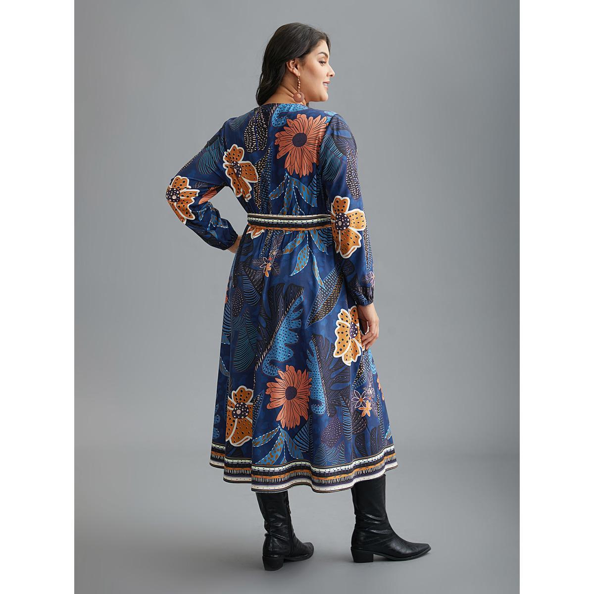 Plus Size Boho Print Belted Lantern Sleeve Dress DarkBlue Women Resort Belted Overlap Collar Long Sleeve Curvy BloomChic 12/L Product Image