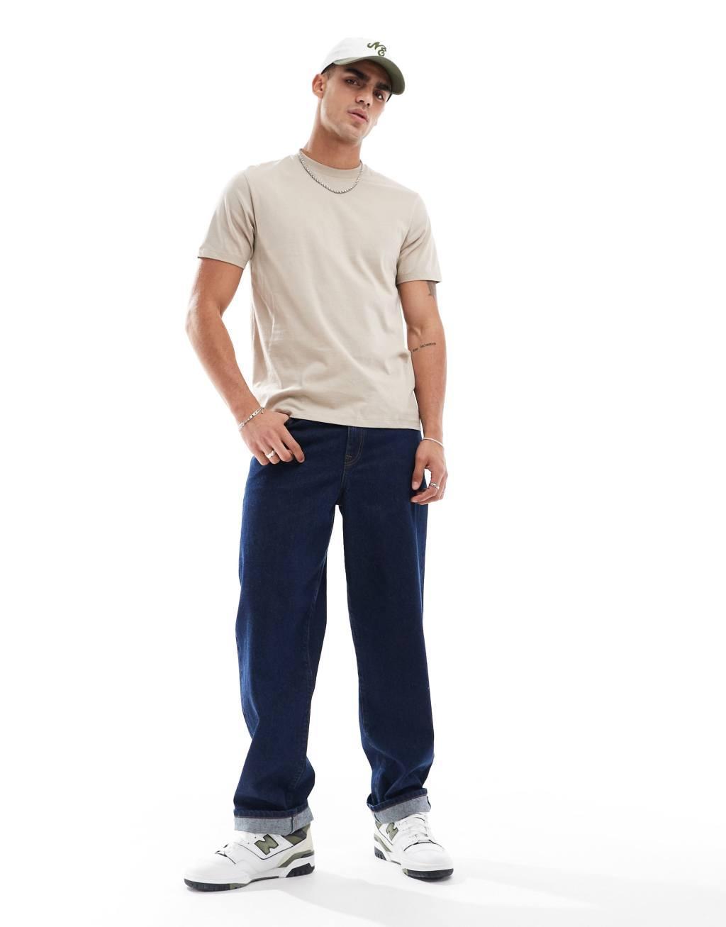 ASOS DESIGN 2 pack crew neck T-shirts in beige and khaki Product Image