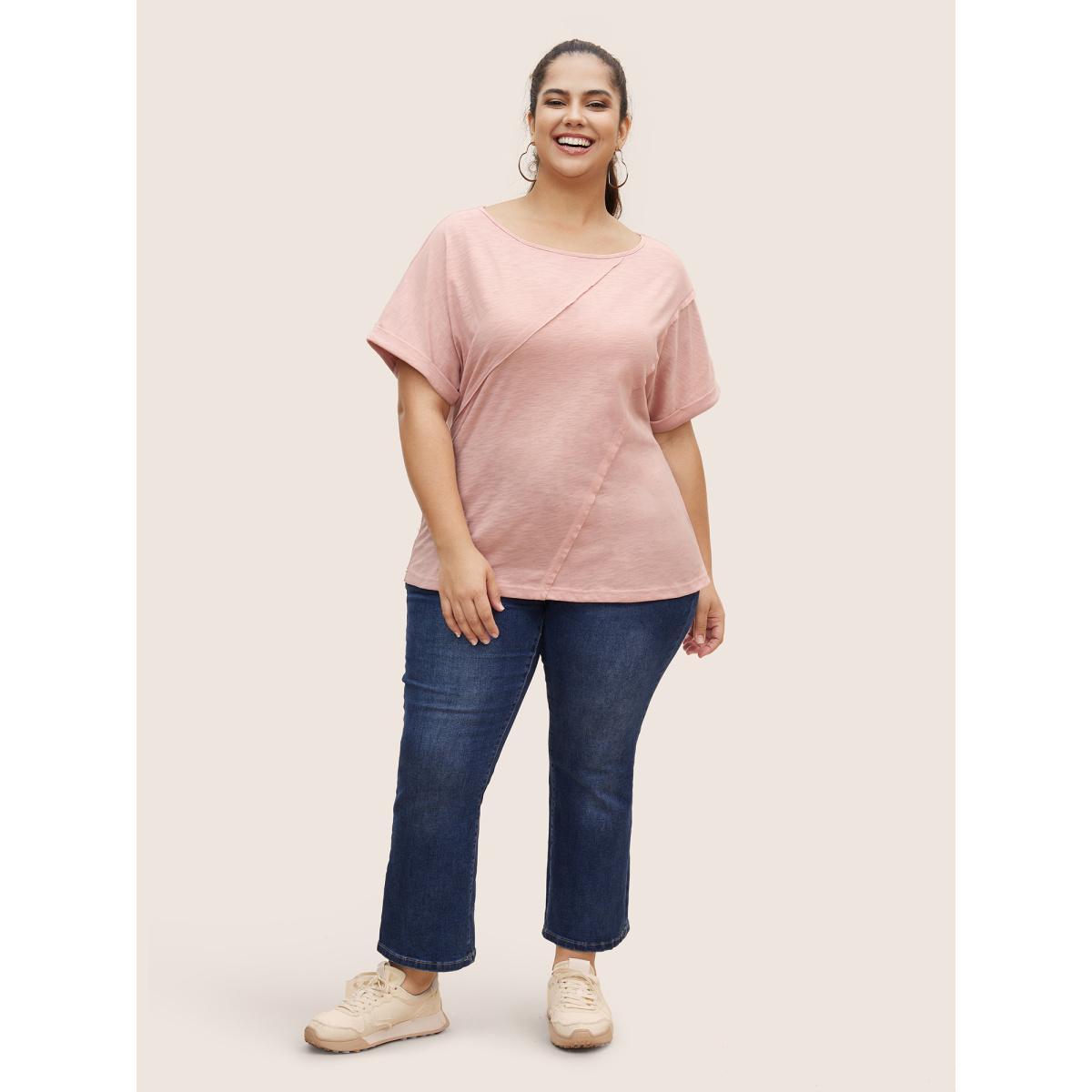 Plus Size Round Neck Patchwork Cuffed Sleeve T-shirt MistyRose Women Casual Patchwork Round Neck Everyday T-shirts BloomChic 28/5X Product Image