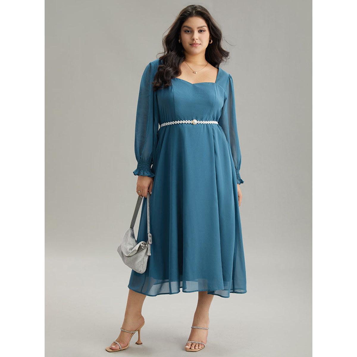 Plus Size Chiffon Square Neck Shirred Lantern Sleeve Split Hem Dress Aegean Women Glamour Plain Square Neck Long Sleeve Curvy Midi Dress BloomChic 10/M Product Image