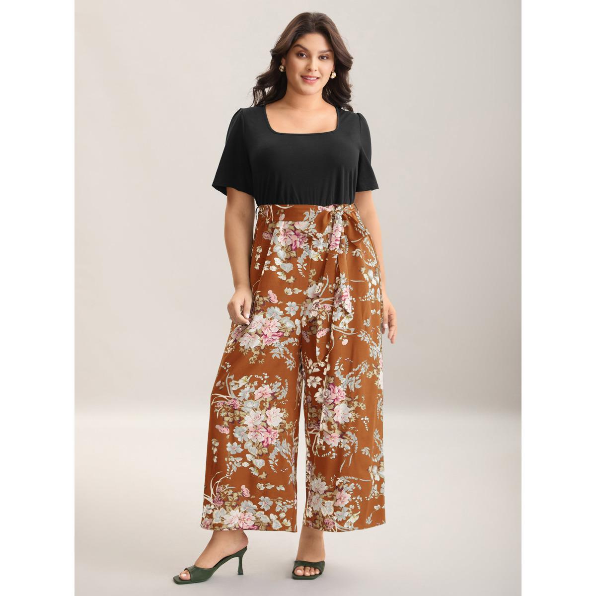 Plus Size Rust Color Contrast Belted Panel Pockets Jumpsuit Women Elegant Short sleeve Square Neck Everyday-Elegant Loose Jumpsuits BloomChic 12/L Product Image