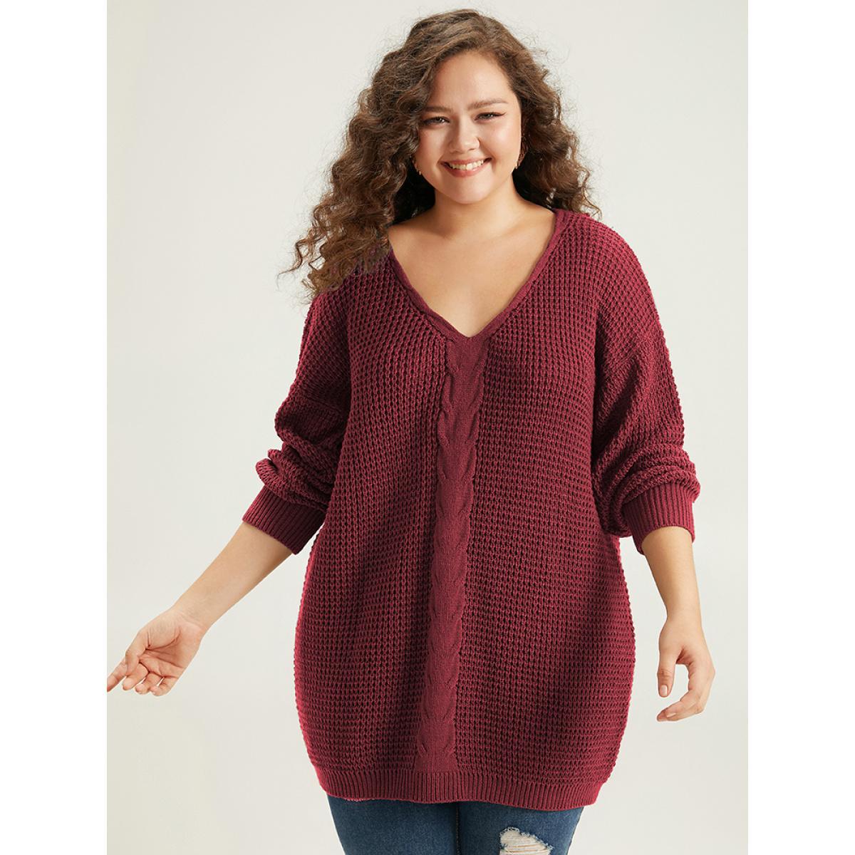 Plus Size Cable Knit Plain Elastic Cuffs Pullover Burgundy Women Casual Loose Long Sleeve V-neck Dailywear Pullovers BloomChic 18-20/2X Product Image