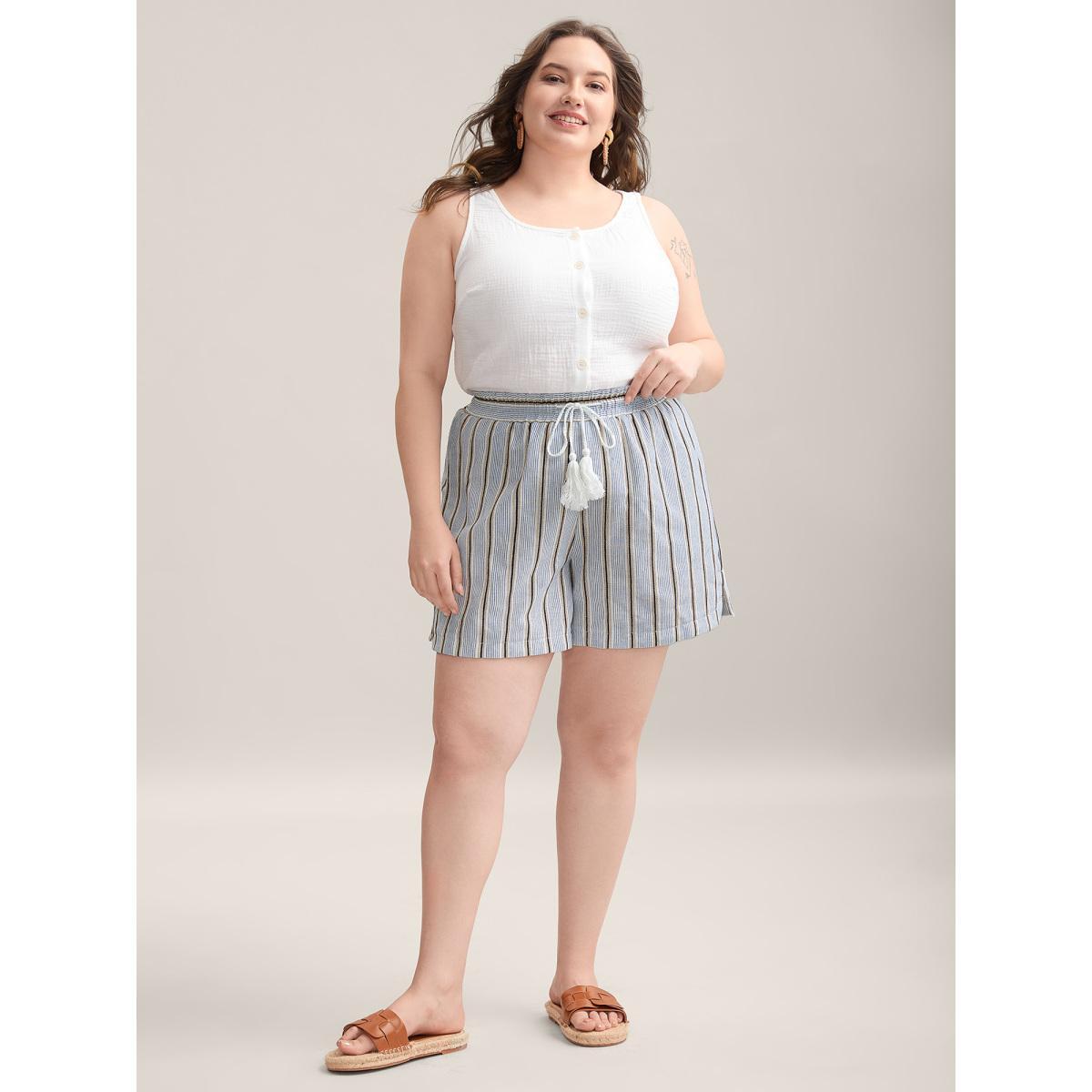 Plus Size Stripes Tassels Straight-Leg Shorts Women LightBlue Resort Drawstring Straight Leg Vacation Shorts BloomChic 26/4X Product Image