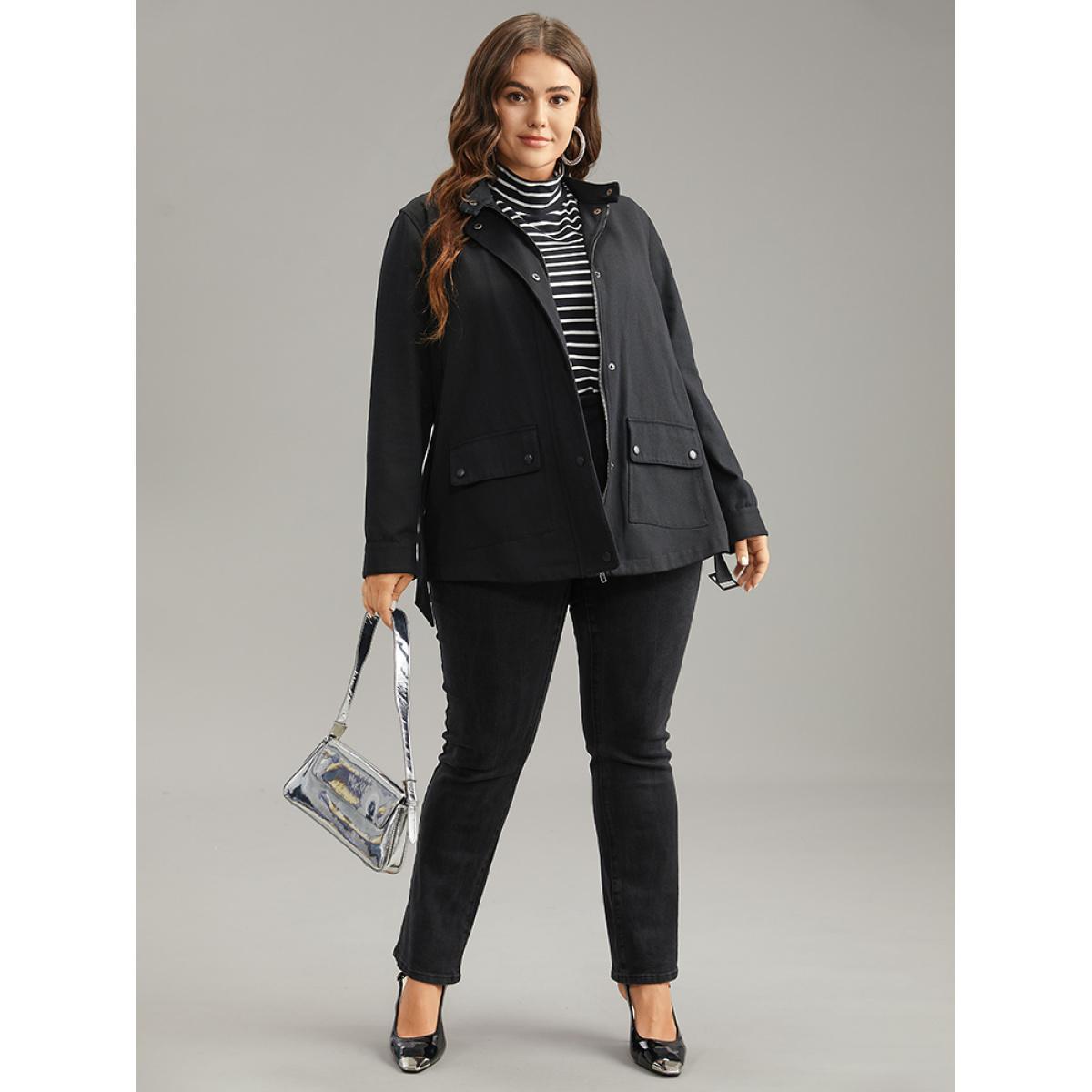 Plus Size Cotton Solid Belted Flap Pocket Coat Women Black Casual Plain Ladies Dailywear Winter Coats BloomChic 26/4X Product Image