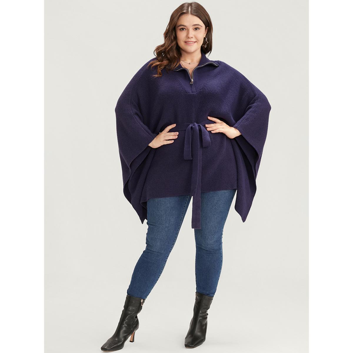 Plus Size Soft Pointelle Knit Dolman Sleeve Belted Zipper Knit Top Eggplant Women Casual Loose Cap Sleeve Mock Neck Dailywear Pullovers BloomChic 10/M Product Image