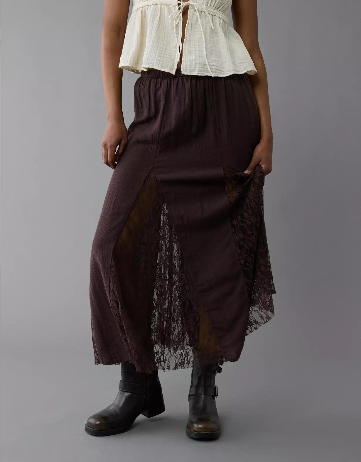 AE High-Waisted Lace Detail Maxi Skirt Product Image