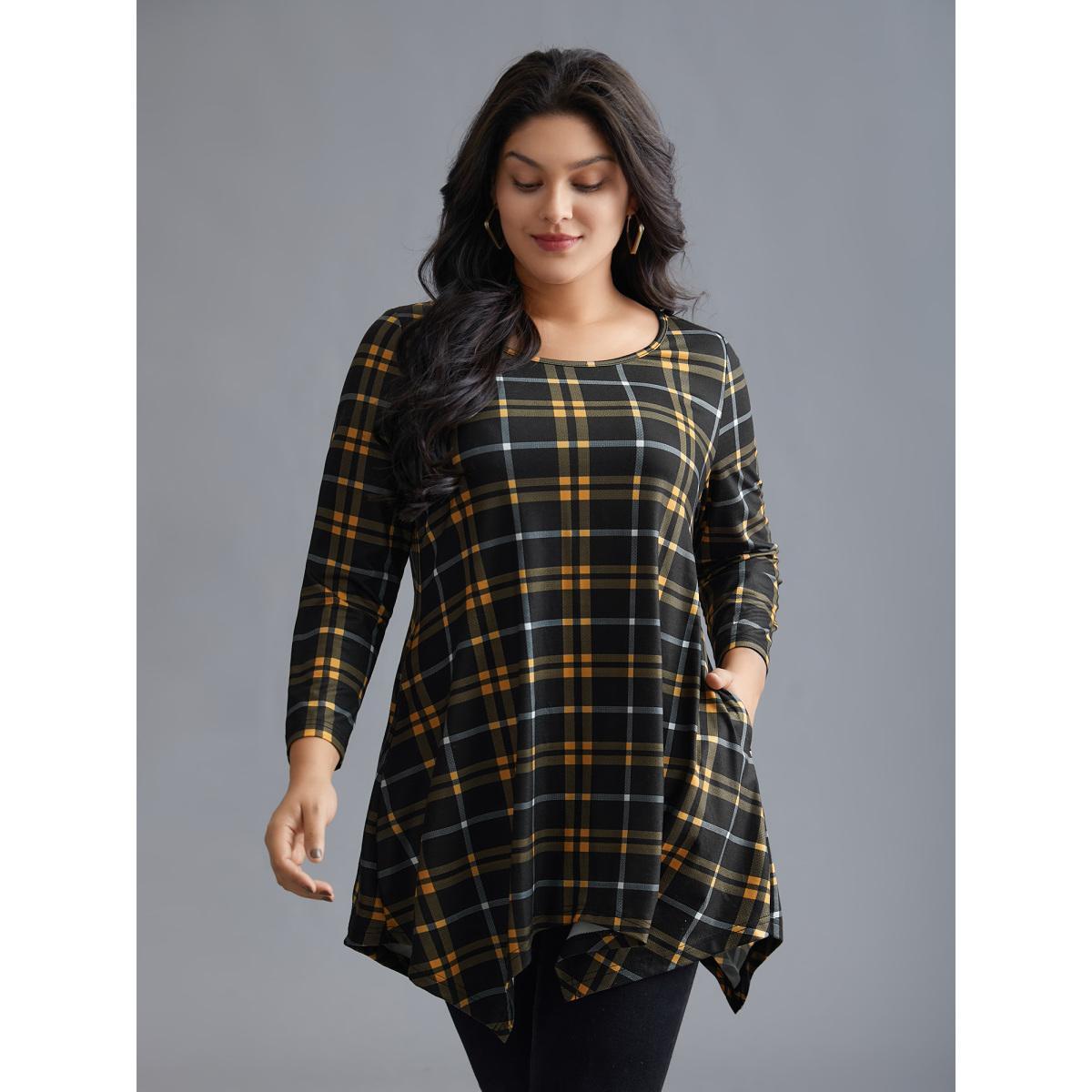 Plus Size Plaid Asymmetrical Hem Pocket T-shirt Lightyellow Women Casual Asymmetrical Round Neck Loose Everyday T-shirts BloomChic 18-20/2X Product Image