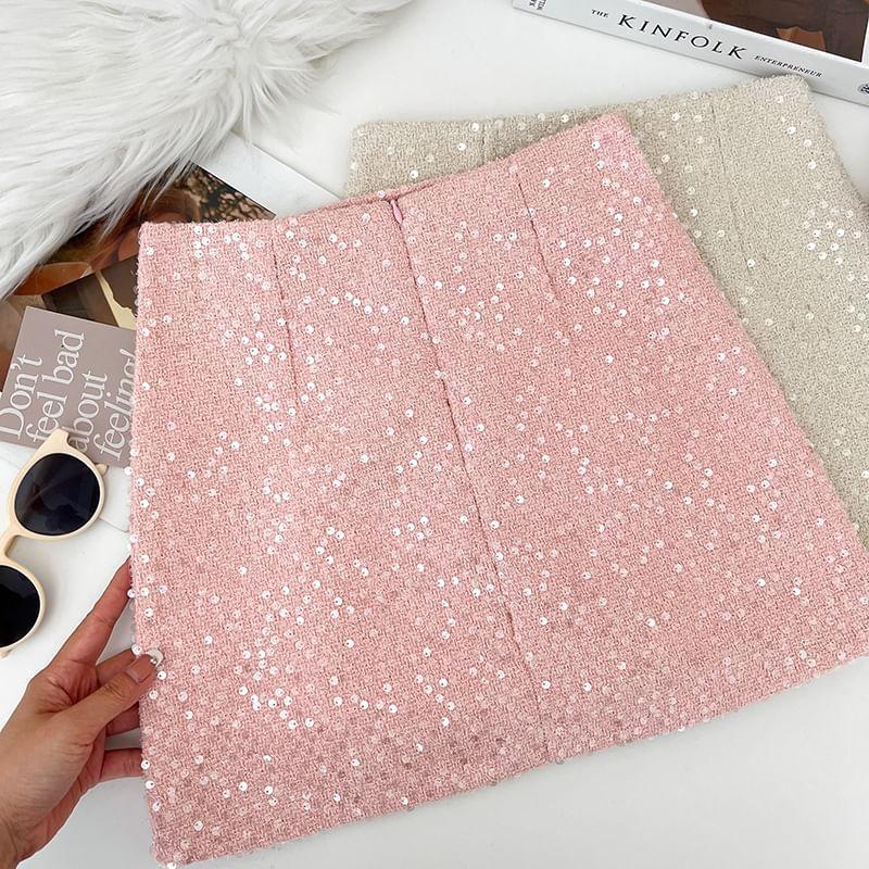 High Waist Plain Sequin Tweed Mini A-Line Skirt Product Image