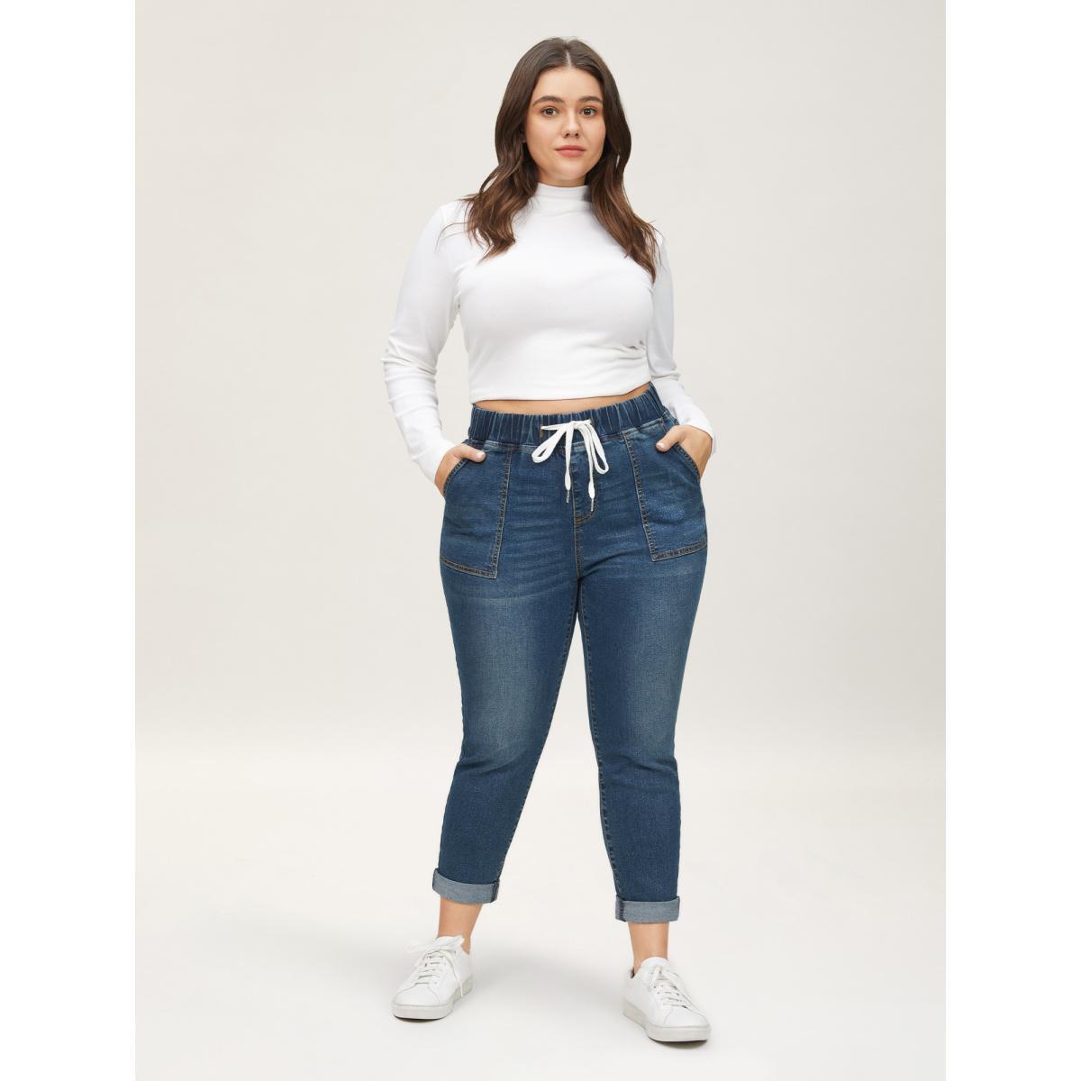Plus Size Drawstring Elastic Waist Roll Hem Jeans Women DarkBlue Casual Plain Drawstring High stretch Slanted pocket Jeans BloomChic 26/4X Product Image