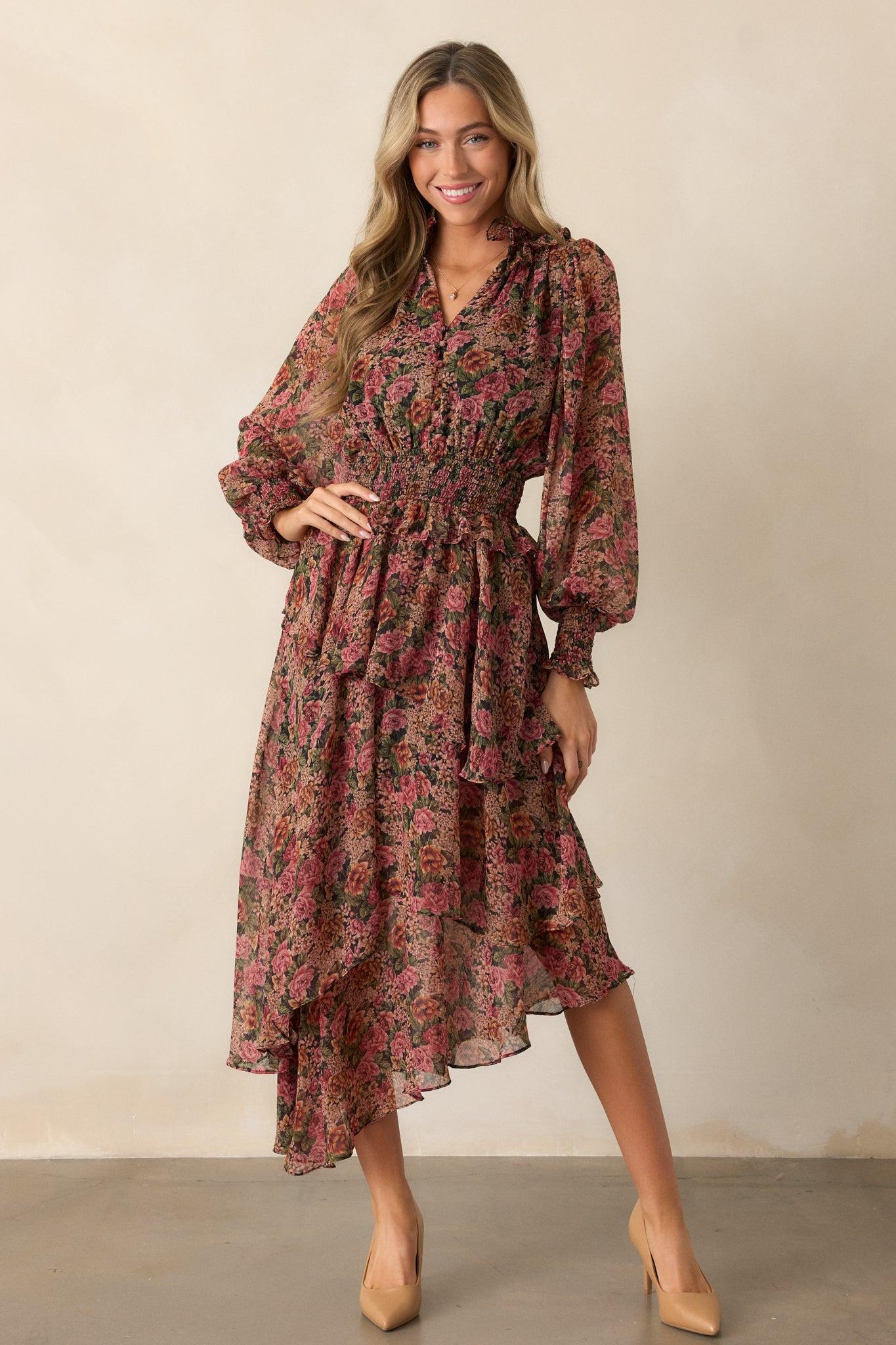 Roses Of Love Black Multi Floral Long Sleeve Ruffle Midi Dress Product Image
