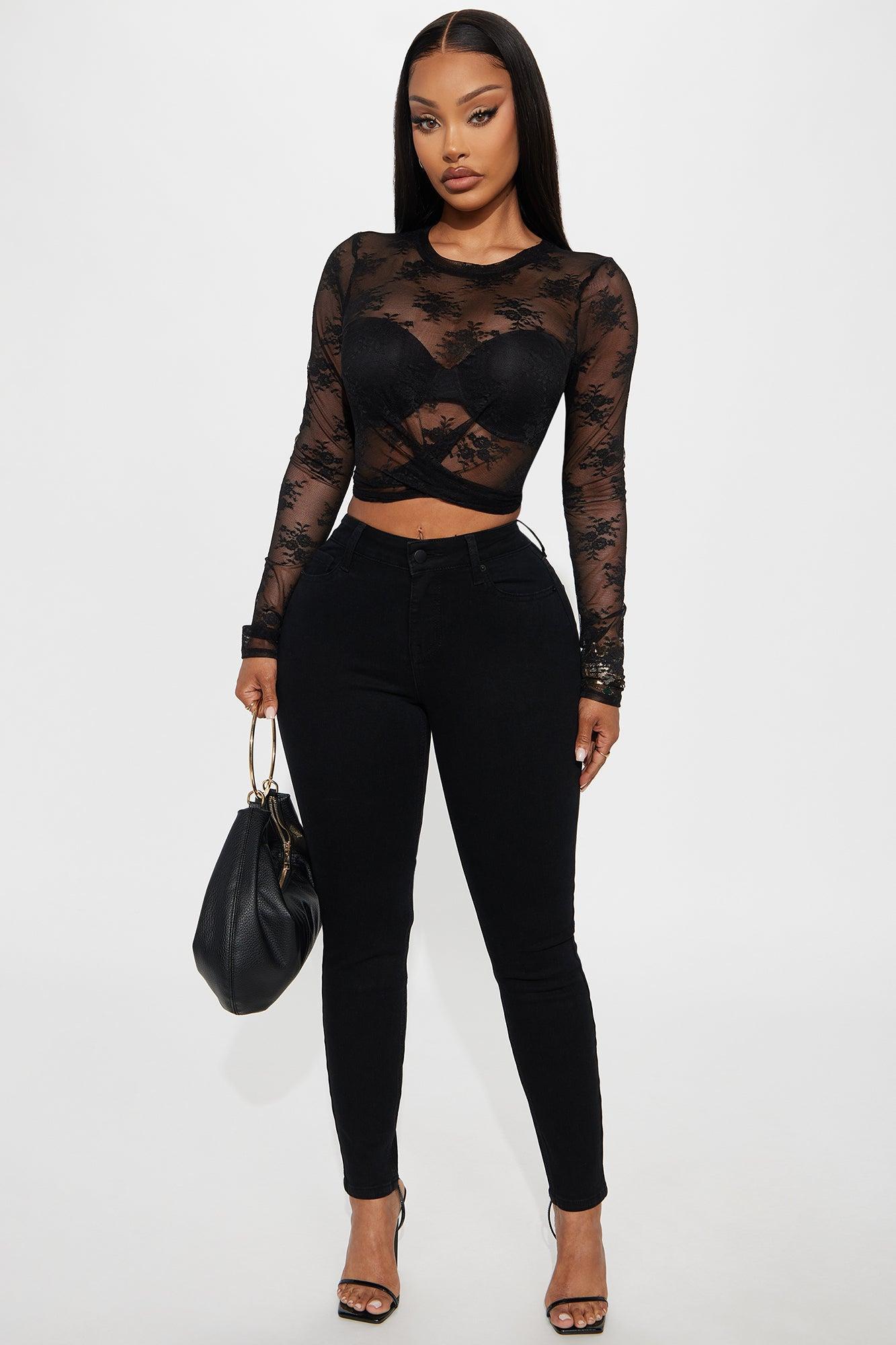 Alice Long Sleeve Sheer Lace Top - Black Product Image
